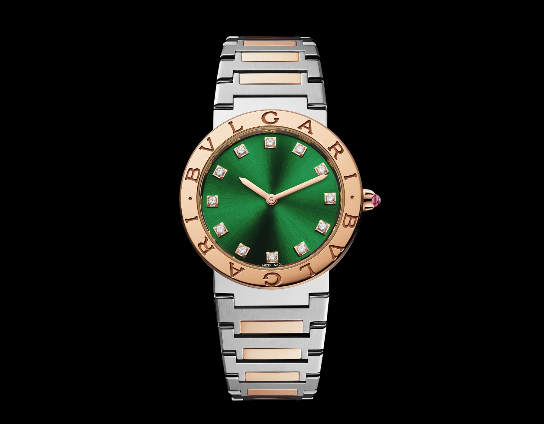 Bvlgari Bvlgari Bvlgari 33 mm – Pembe Altın ve Çelik, Pırlantalı, Yeşil Kadran