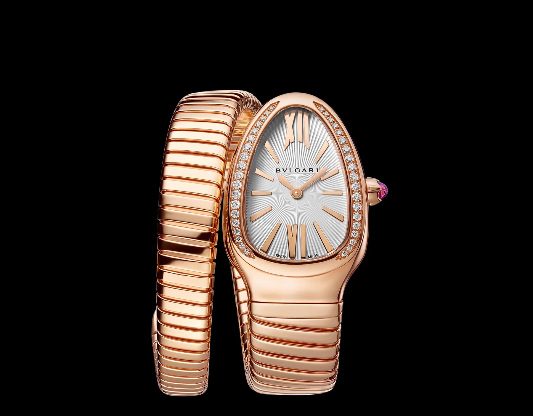 Bvlgari Serpenti Tubogas 35 mm – Tek Sarmal, Pembe Altın, Pırlantalı, Gümüş Kadran