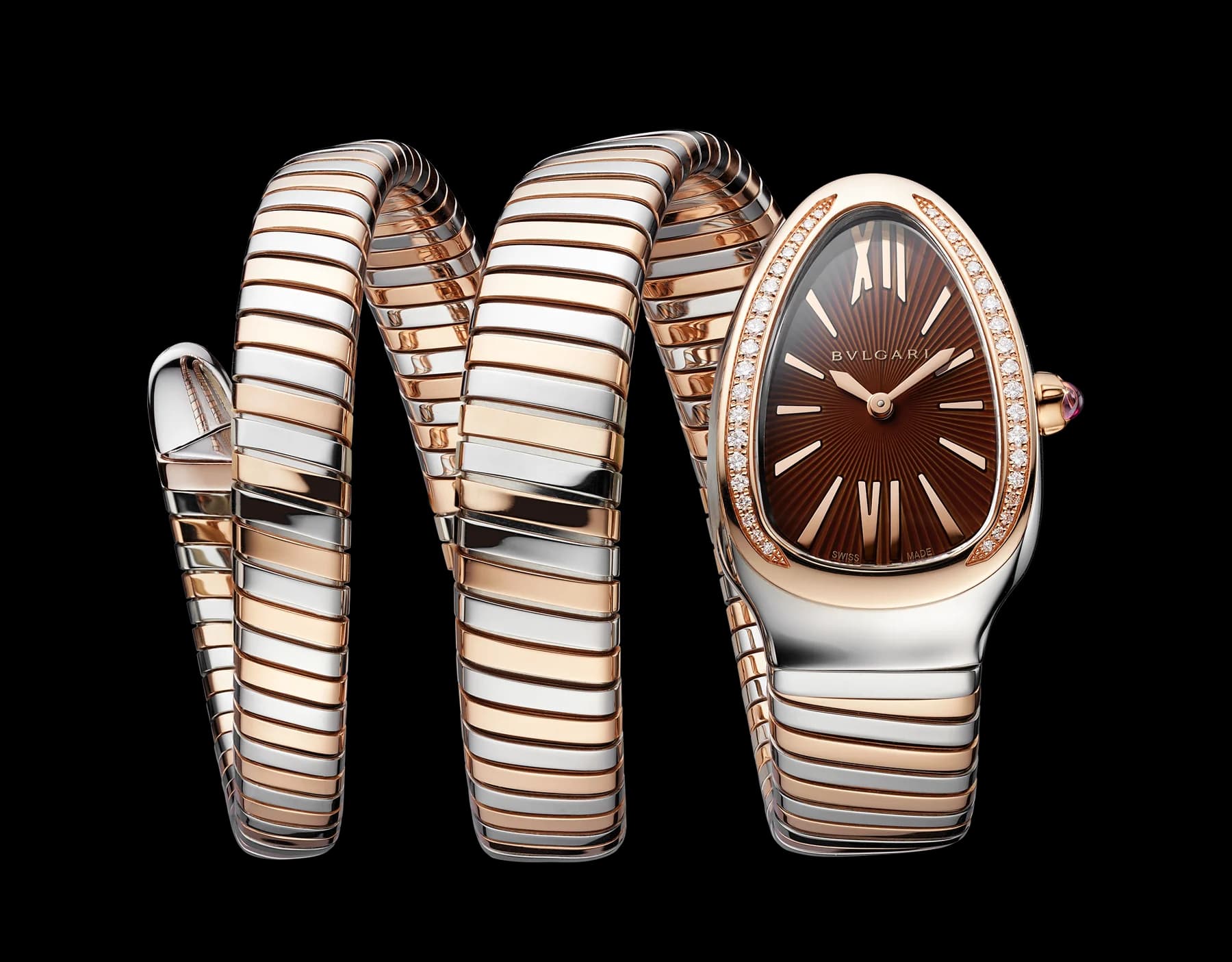 Bvlgari Serpenti Tubogas 35 mm – Çift Sarmal, Pembe Altın ve Çelik, Pırlantalı, Kahverengi Kadran, M Boy