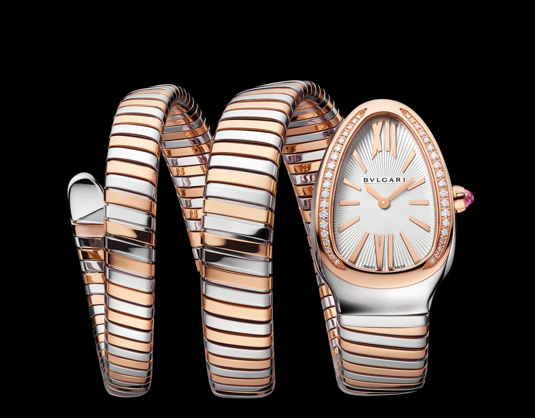 Bvlgari Serpenti Tubogas 35 mm – Çift Sarmal, Pembe Altın ve Çelik, Pırlantalı, Gümüş Kadran