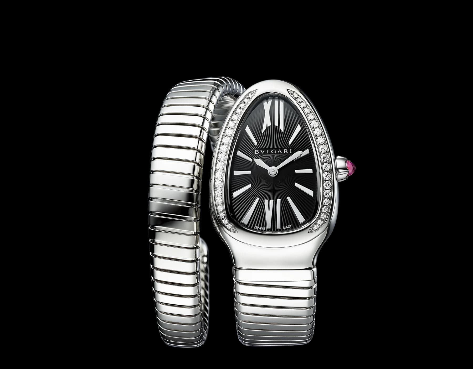 Bvlgari Serpenti Tubogas 35 mm – Tek Sarmal, Çelik, Pırlantalı, Siyah Kadran, L Boy