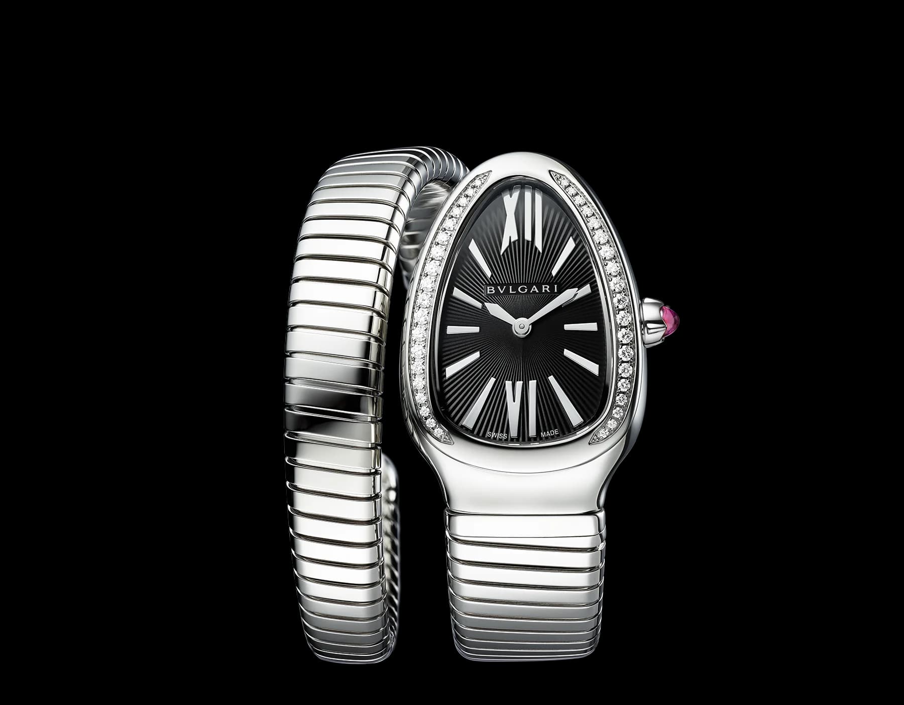 Bvlgari Serpenti Tubogas 35 mm – Tek Sarmal, Çelik, Pırlantalı, Siyah Kadran, S Boy