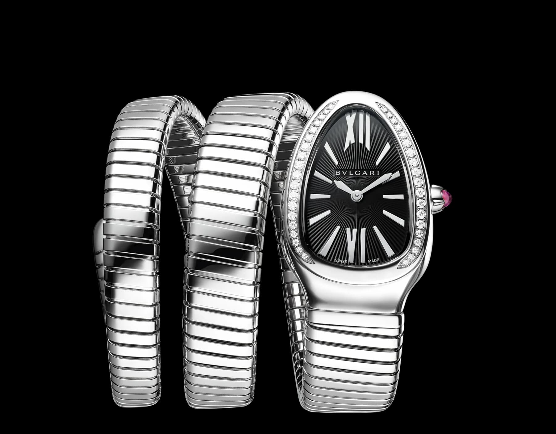 Bvlgari Serpenti Tubogas 35 mm – Çift Sarmal, Çelik, Pırlantalı, Siyah Kadran, L Boy