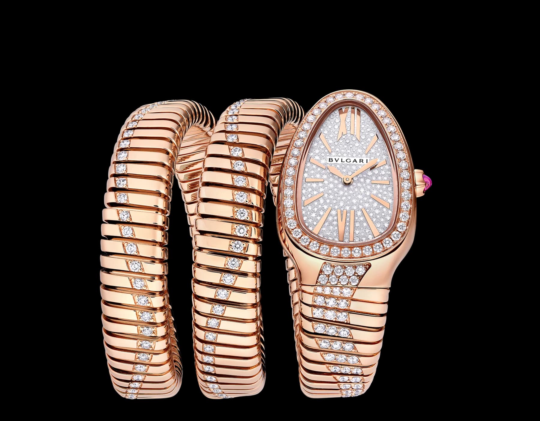 Bvlgari Serpenti Tubogas Infiniti 35 mm – Çift Sarmal, Pembe Altın, Pırlantalı, Pavé Pırlanta Kadran