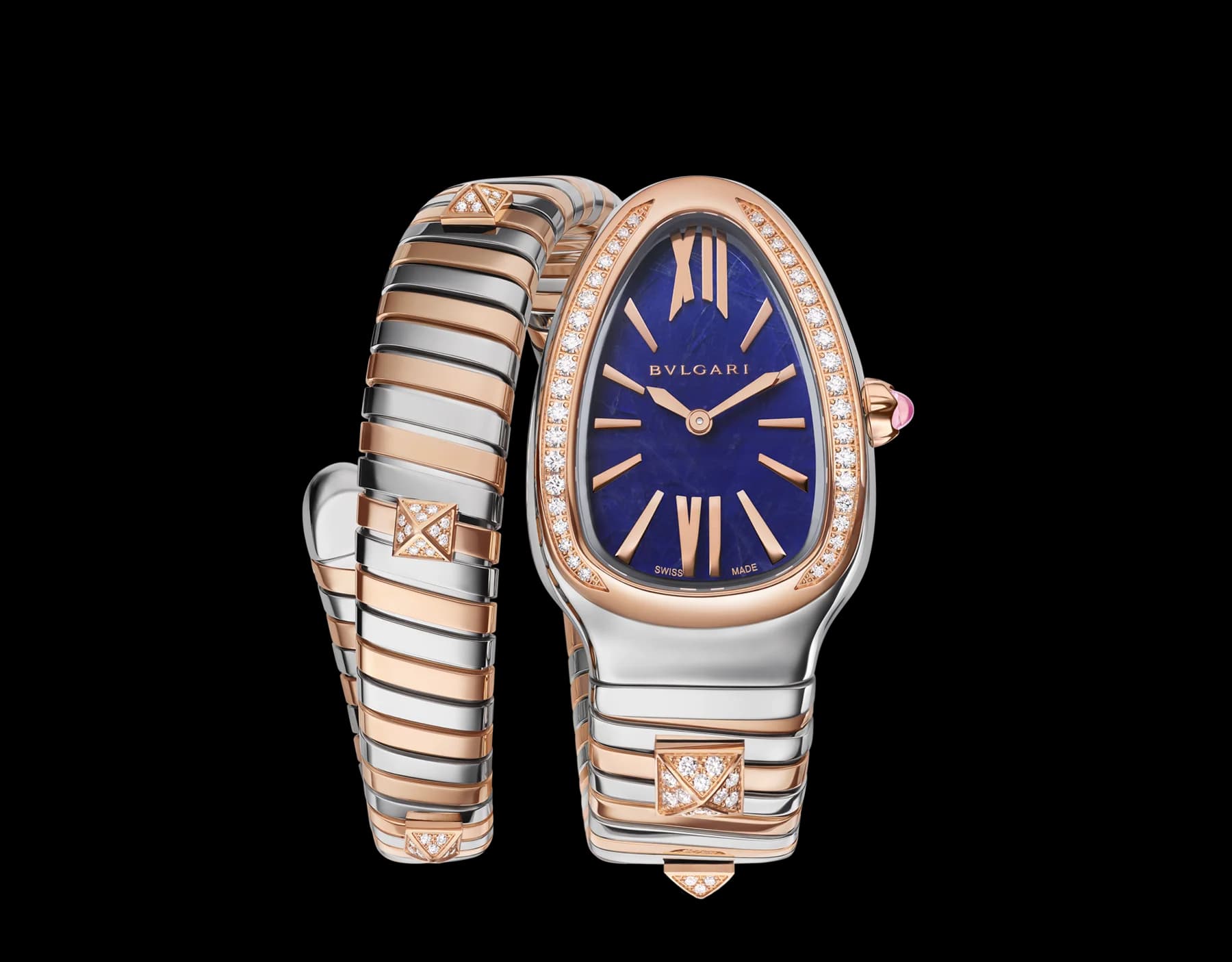 Bvlgari Serpenti Tubogas Studs Capsule 35 mm – Tek Sarmal, Pembe Altın ve Çelik, Pırlantalı, Sodalit Kadran, L Boy