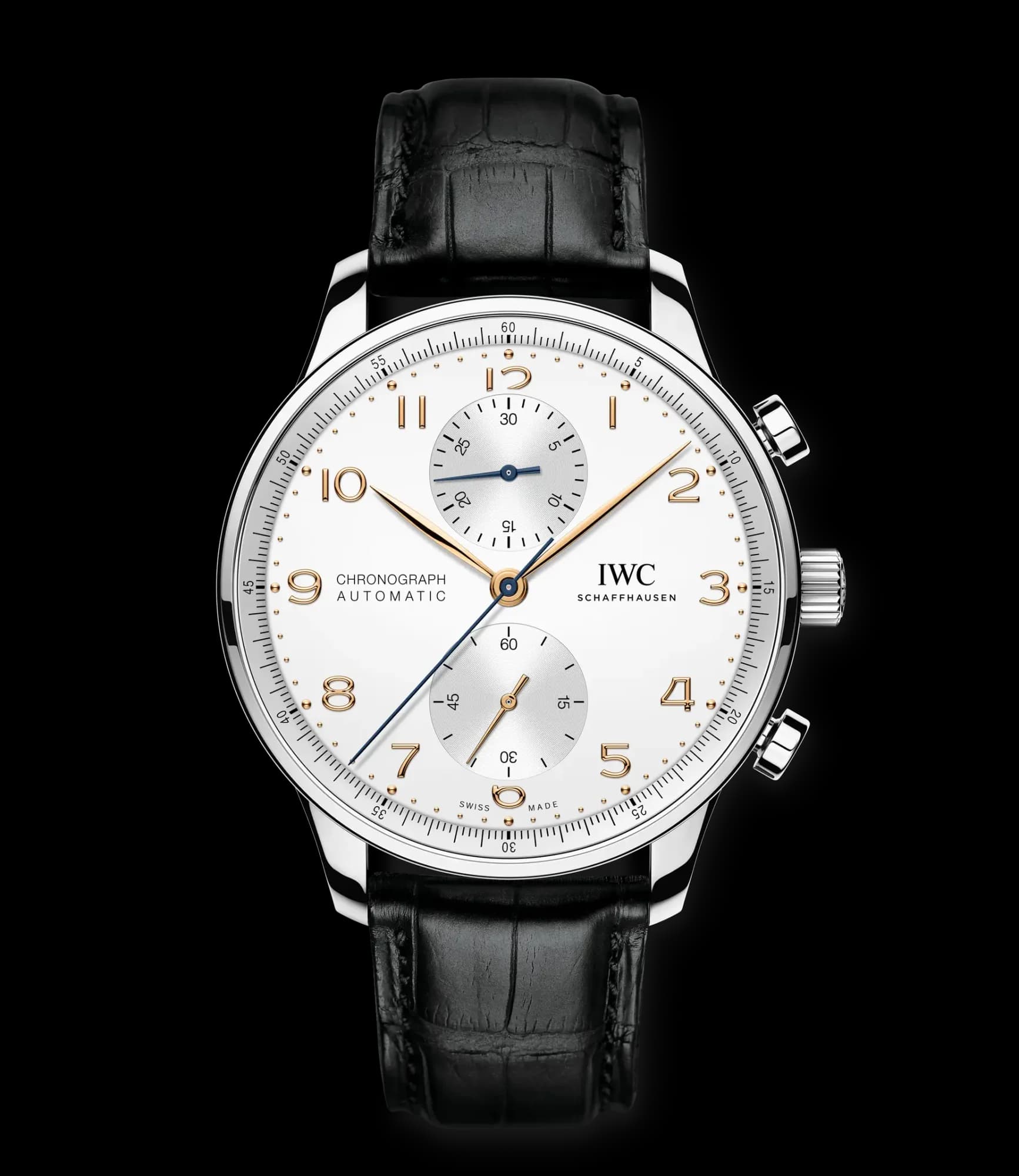 IWC Schaffhausen Portugieser Chronograph – Çelik, Gümüş Kadran, Siyah Deri Kayış