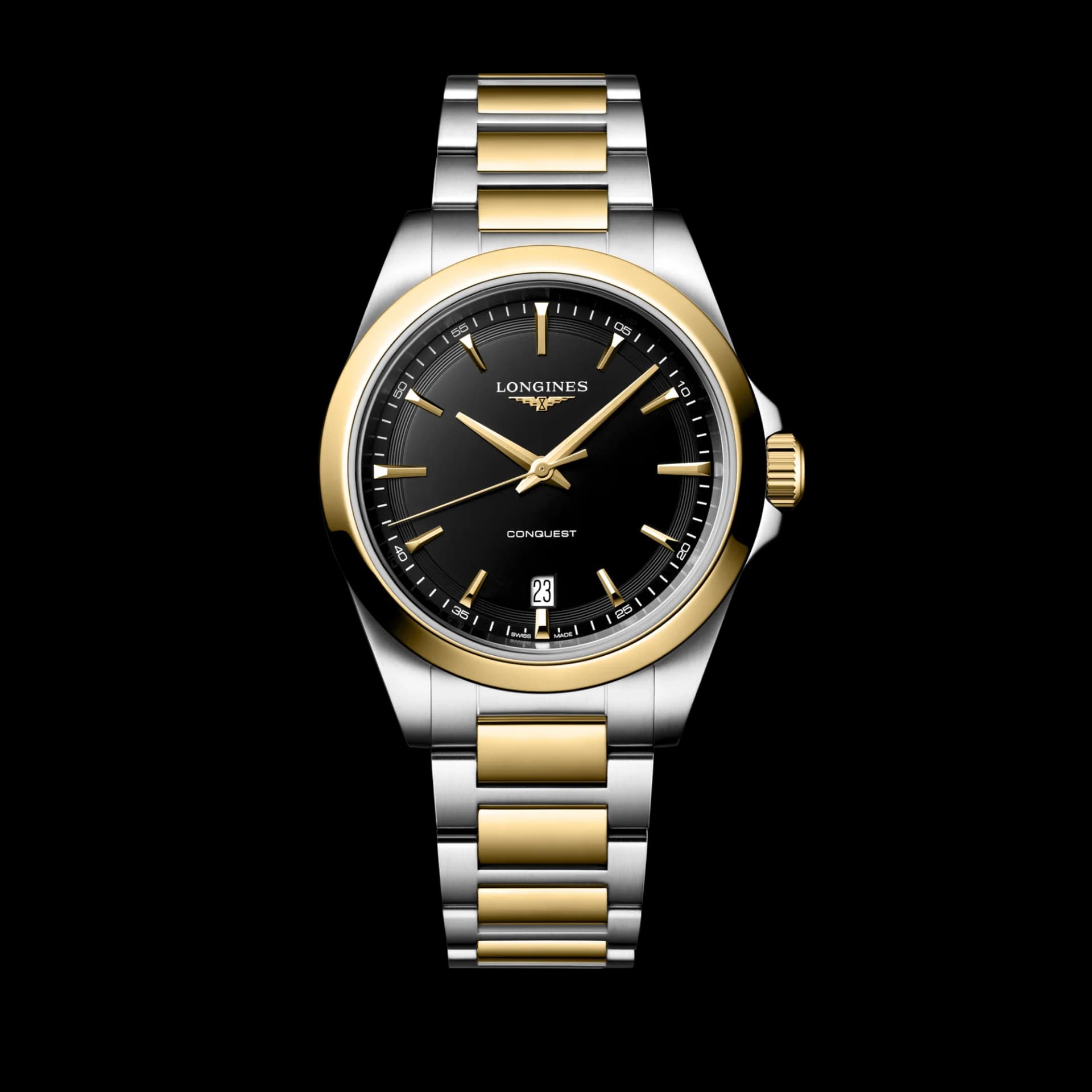 Longines Conquest 38 mm – Siyah Kumlanmış Kadran, Çelik ve Sarı PVD