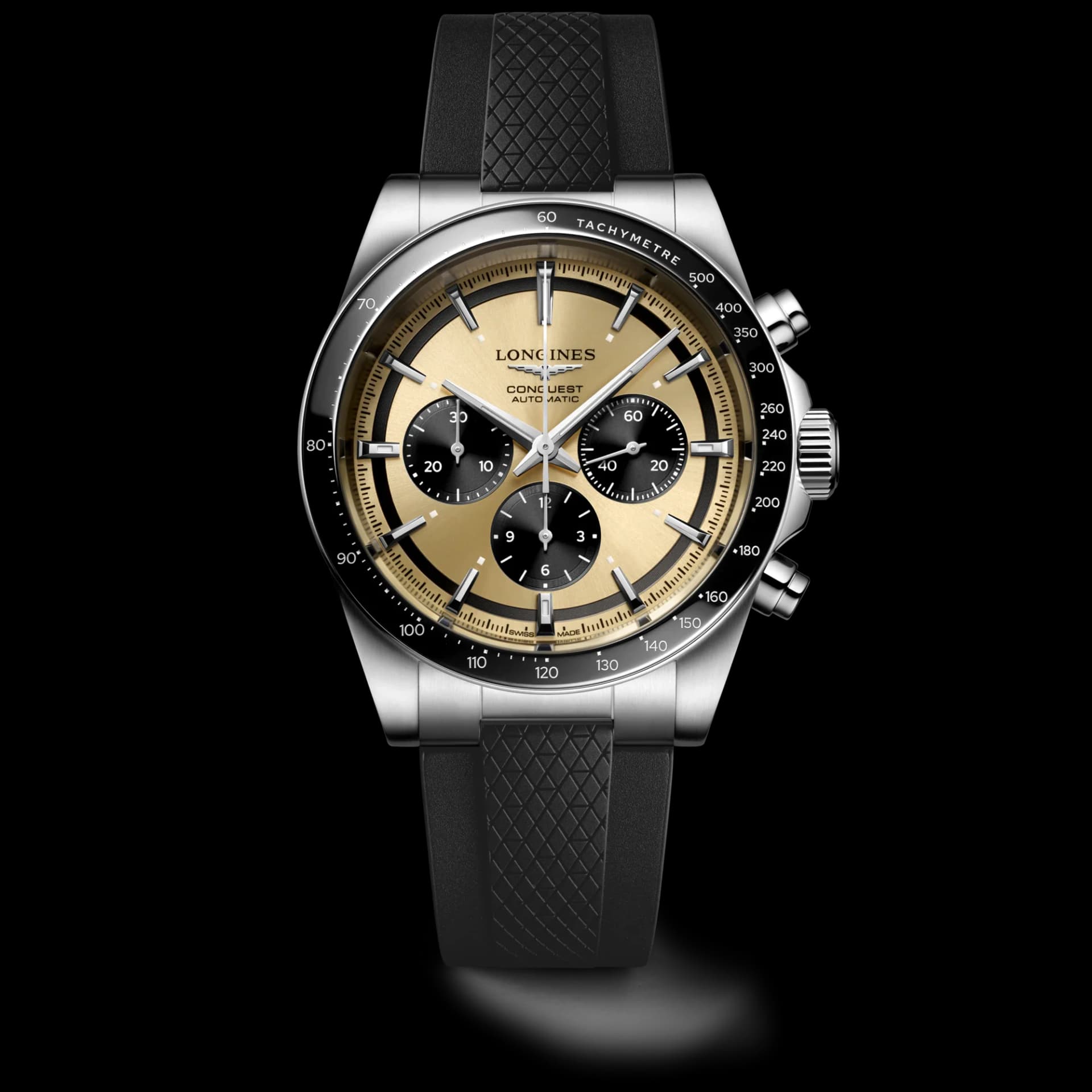 Longines Conquest Chronograph 42 mm – Güneş Işını Yaldızlı Kadran, Kauçuk Kayış