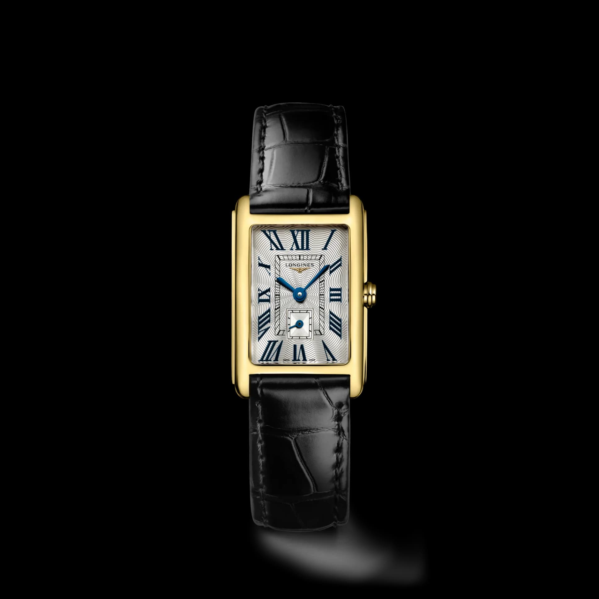 Longines DolceVita 20.5 x 32 mm – Gümüş Flinqué Kadran, 18 Ayar Sarı Altın, Timsah Derisi Kayış