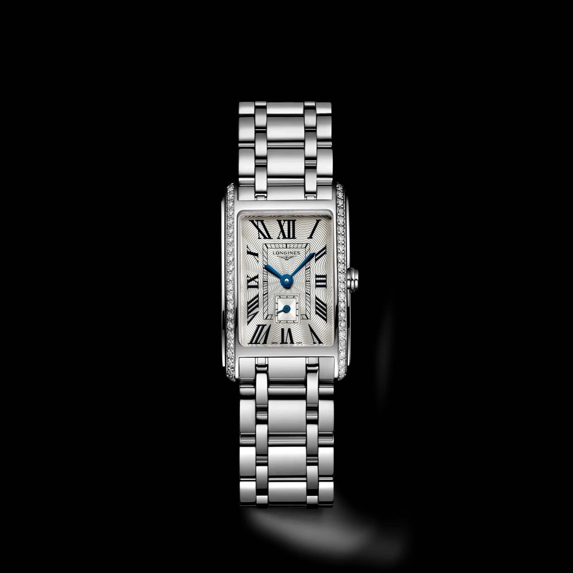 Longines DolceVita 20.8 x 32 mm – Gümüş Flinqué Kadran, Çelik Kasa, Pırlantalı Kasa, Boyalı Roma Rakamları