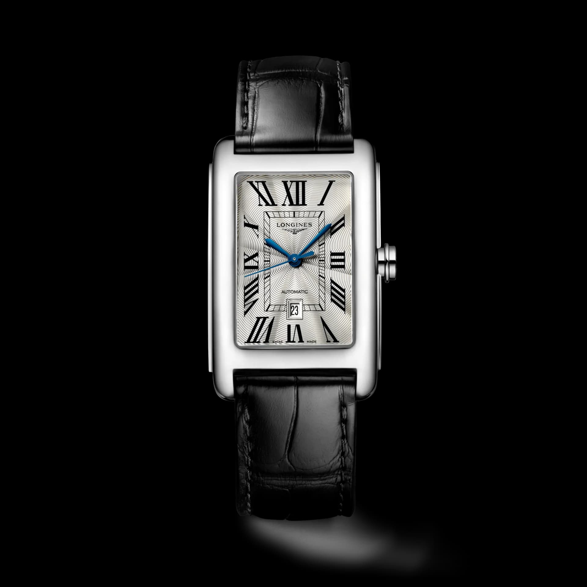 Longines DolceVita 27.7 x 43.8 mm – Gümüş Flinqué Kadran, Siyah Timsah Derisi Kayış
