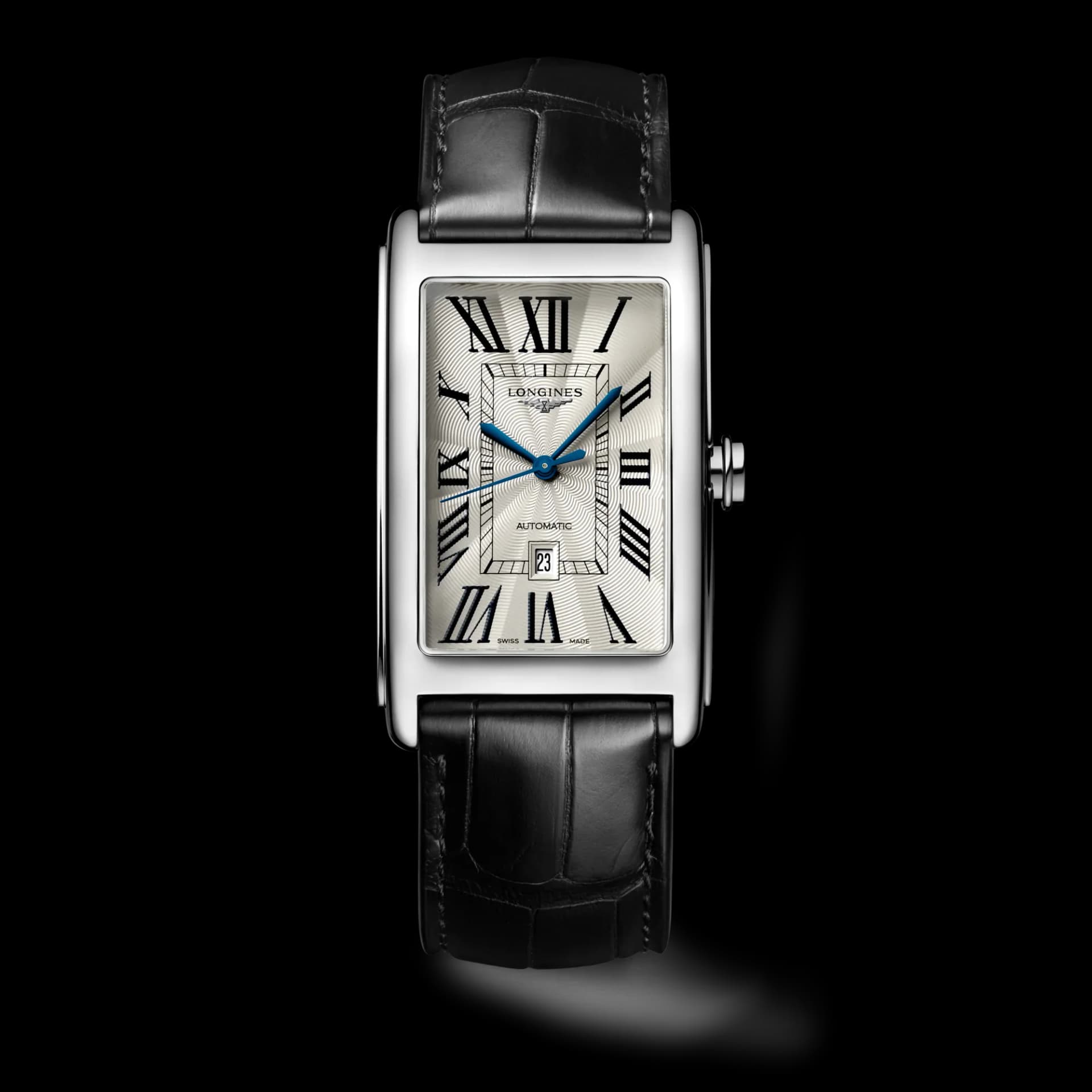 Longines DolceVita 28.2 x 47 mm – Gümüş Flinqué Kadran, Siyah Timsah Derisi Kayış