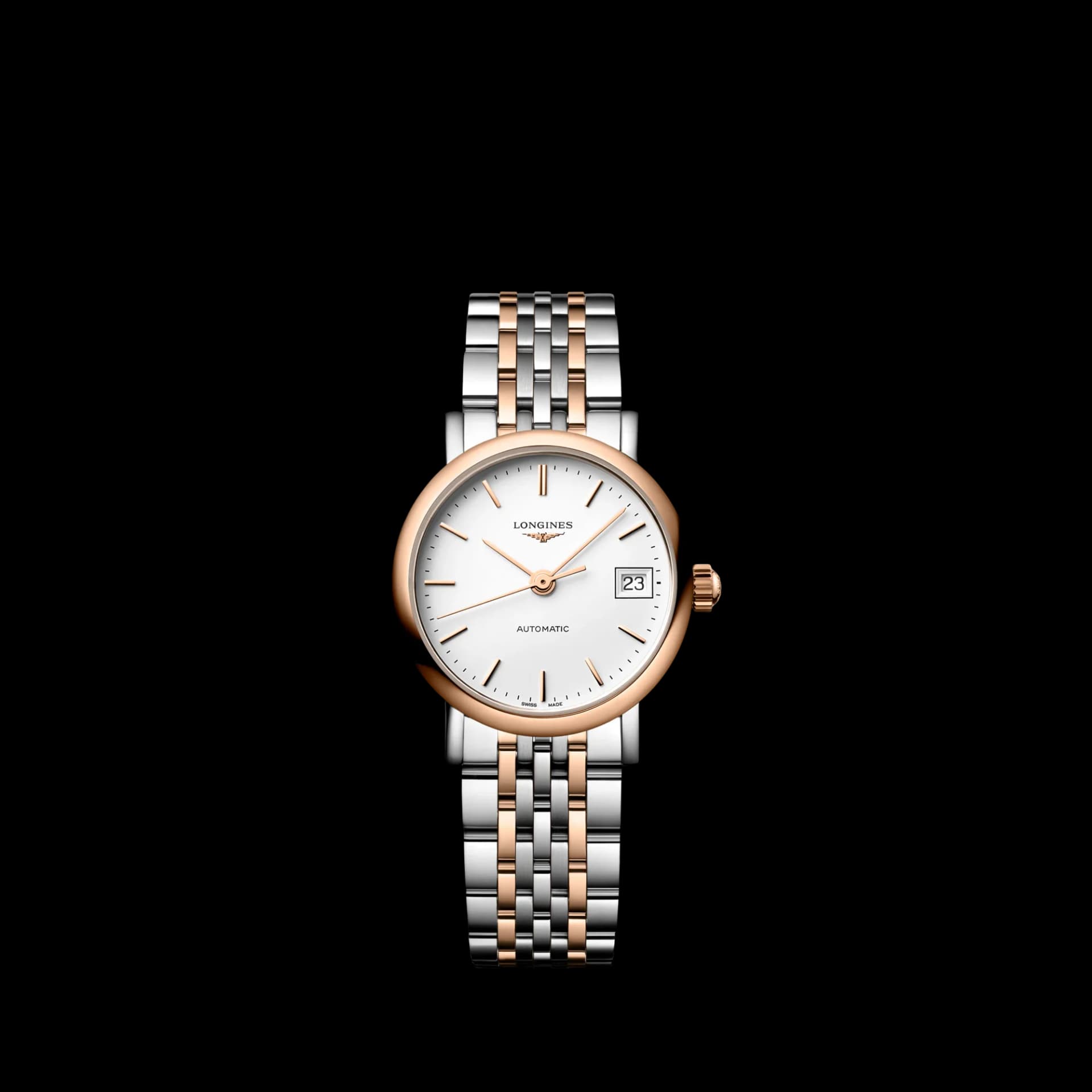 Longines Elegant Collection 25.5 mm – Beyaz Mat Kadran, Çelik ve Pembe Altın Kaplama, Aplike İndeksler