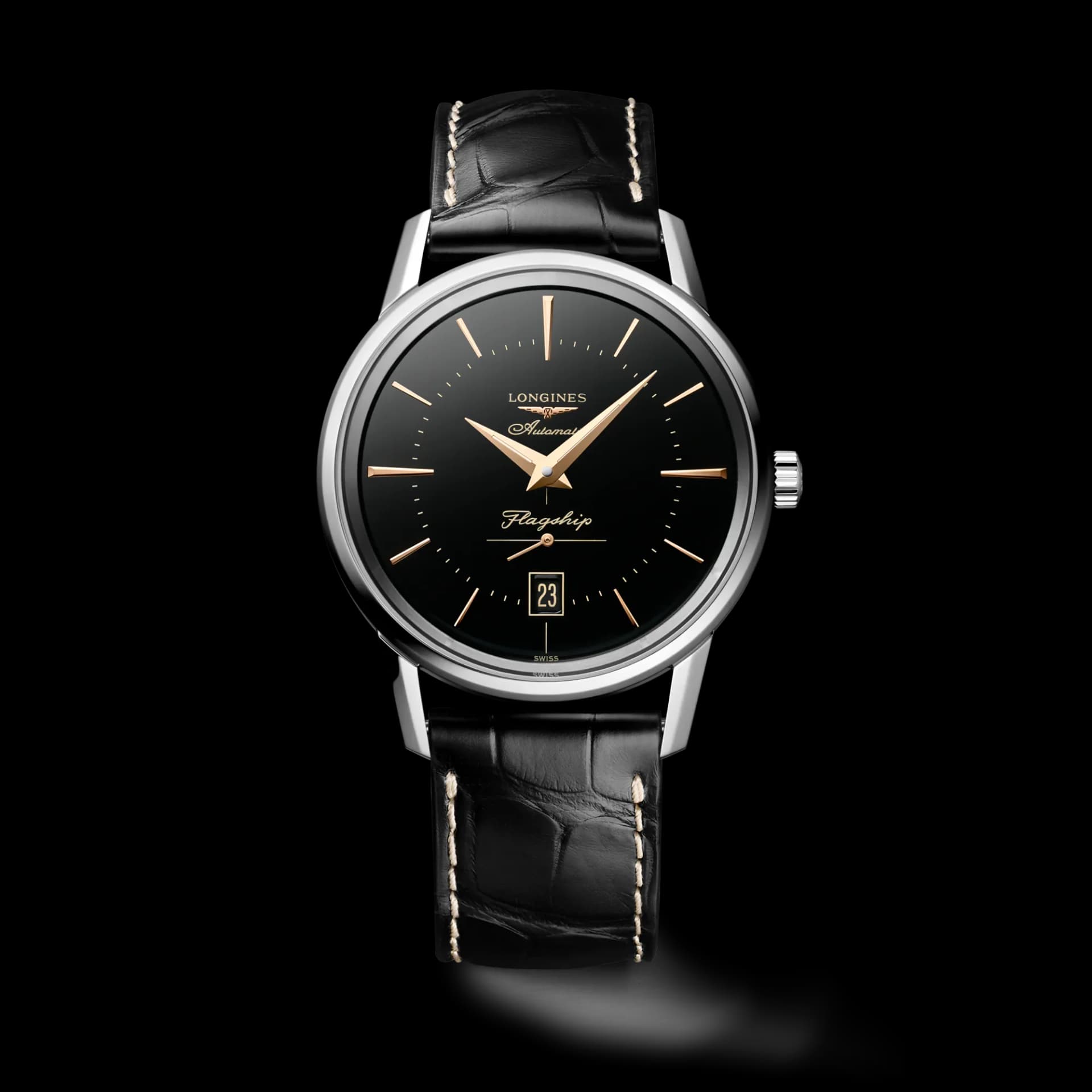 Longines Flagship Heritage 38.5 mm – Siyah Kadran, Timsah Derisi Kayış