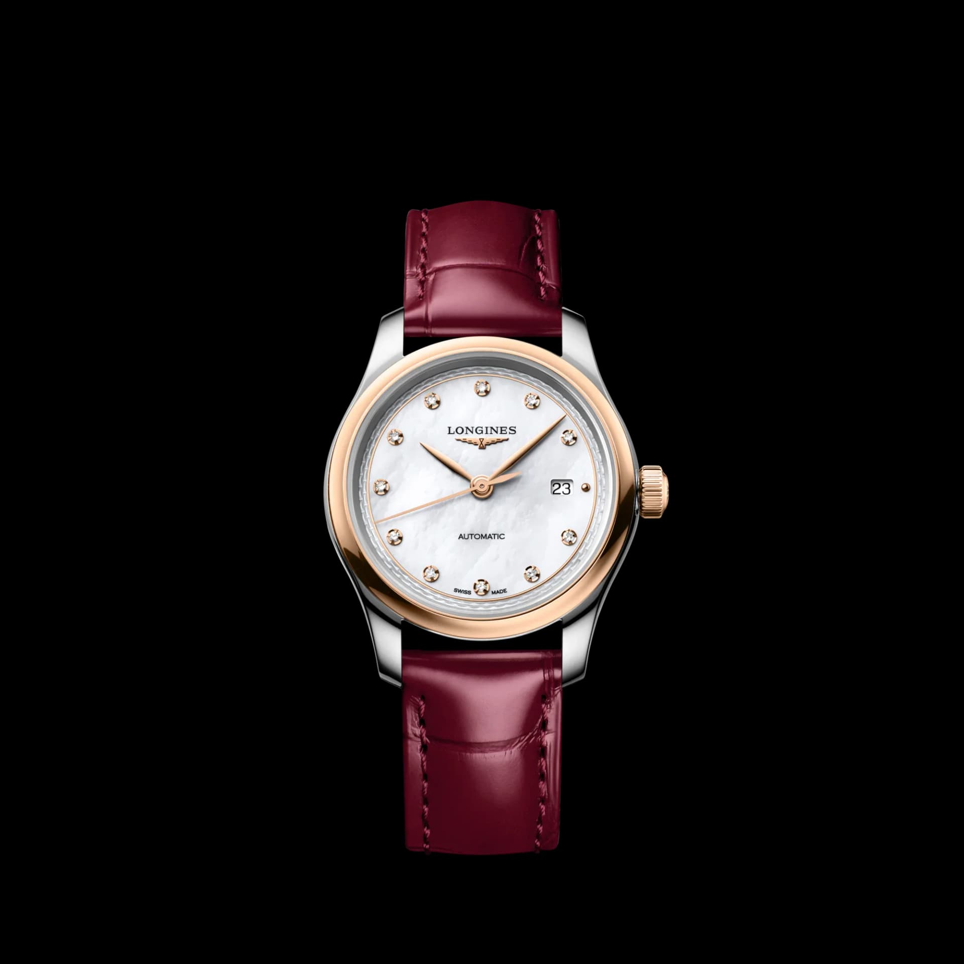 Longines Master Collection 30 mm – Beyaz Sedef Kadran, Çelik ve Pembe Altın Kaplama, Timsah Derisi Kayış