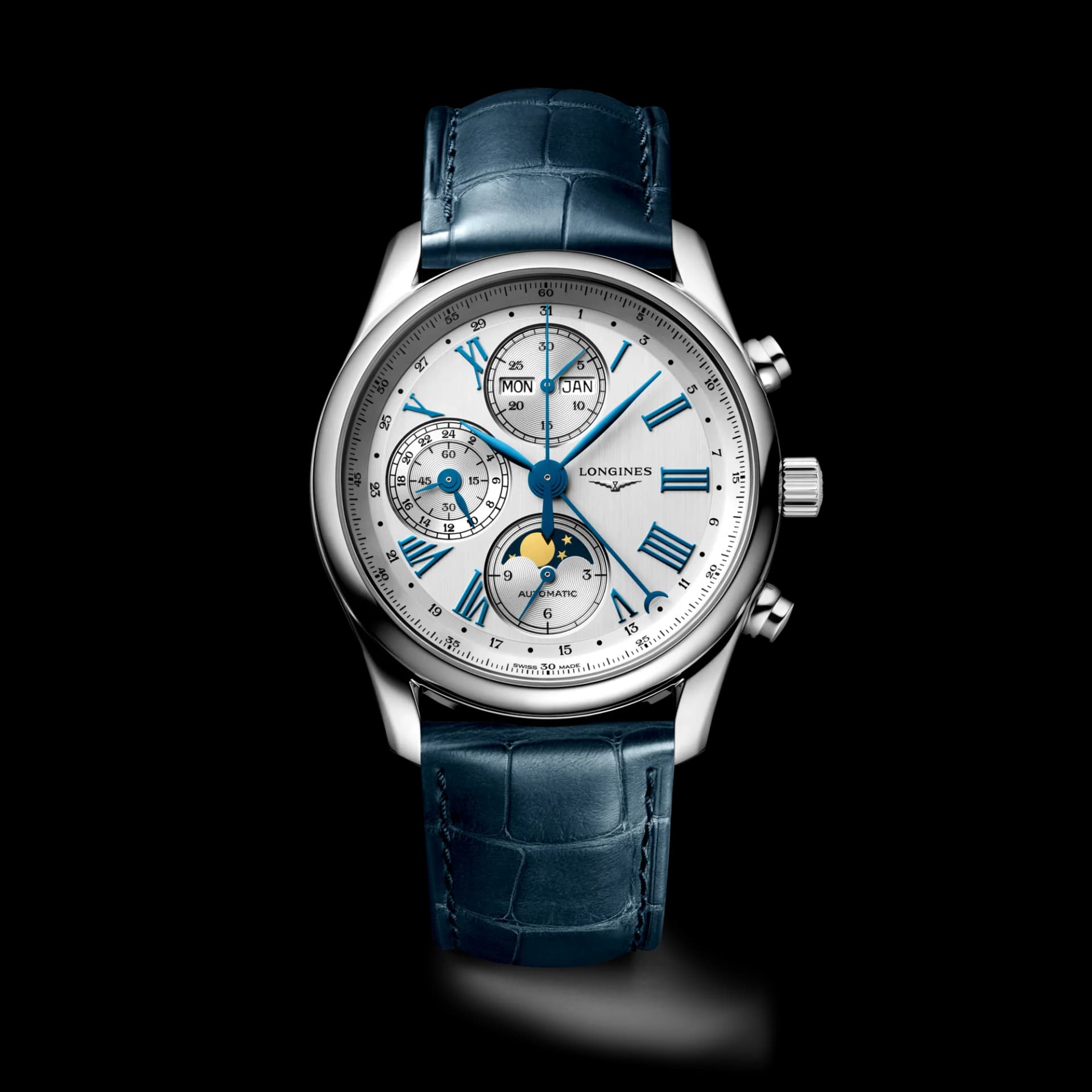 Longines Master Collection Chrono Moonphase 40 mm – Opalin Fildişi Kadran, Timsah Derisi Kayış