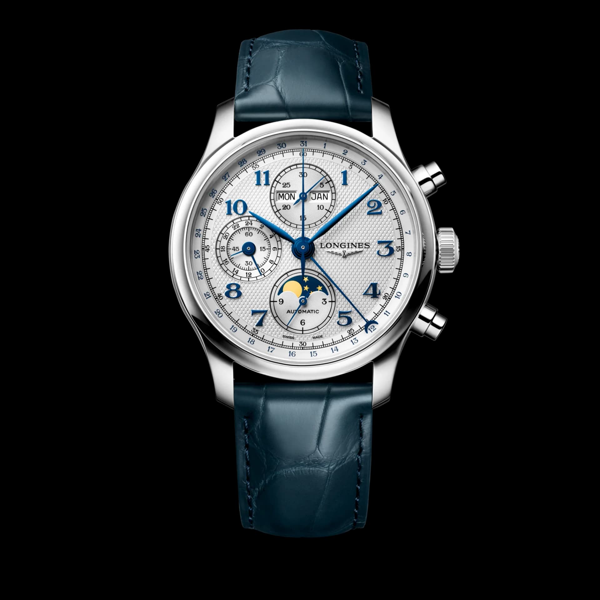 Longines Master Collection Chrono Moonphase 41 mm – Gümüş Barleycorn Kadran, Timsah Derisi Kayış