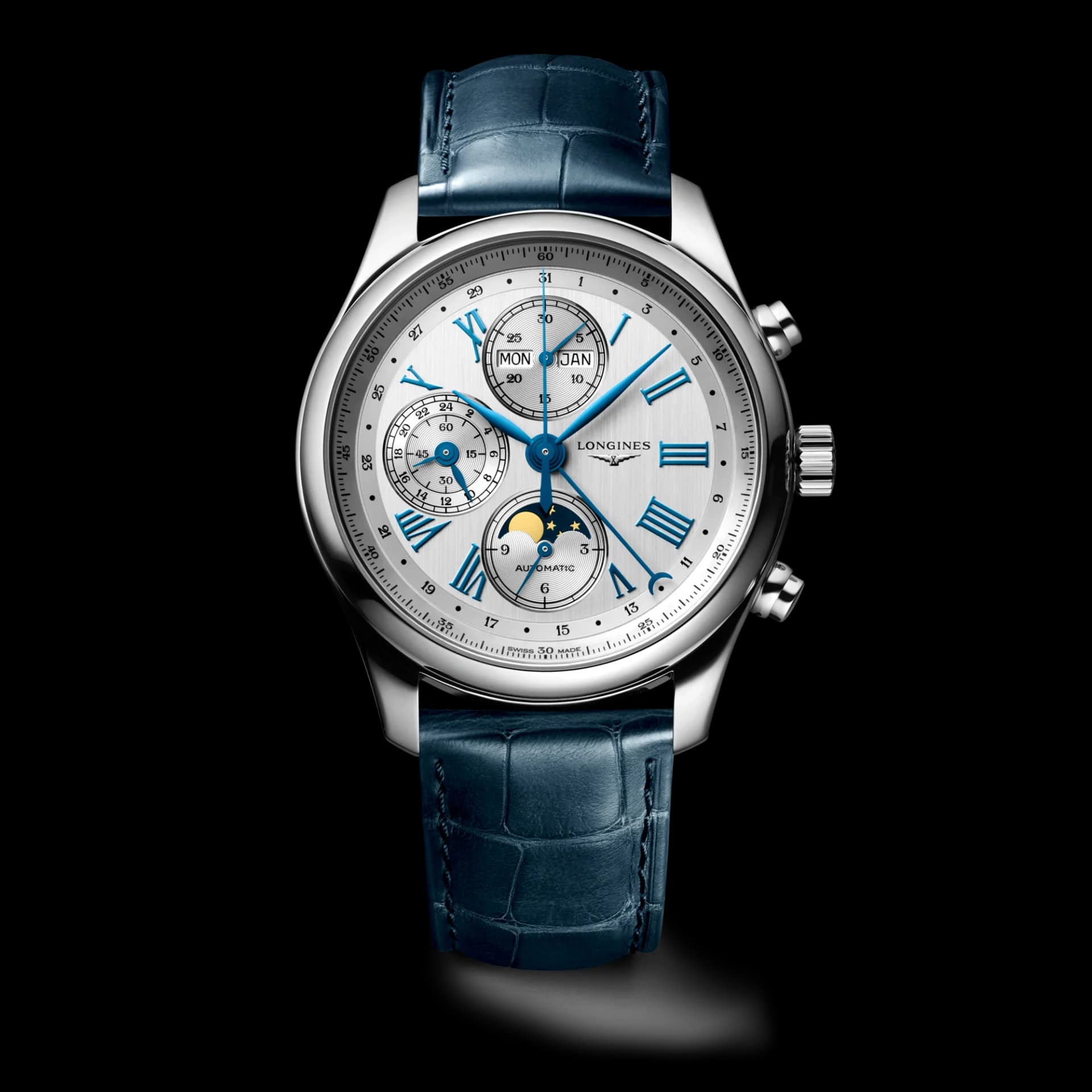 Longines Master Collection Chrono Moonphase 42 mm – Opalin Fildişi Kadran, Timsah Derisi Kayış