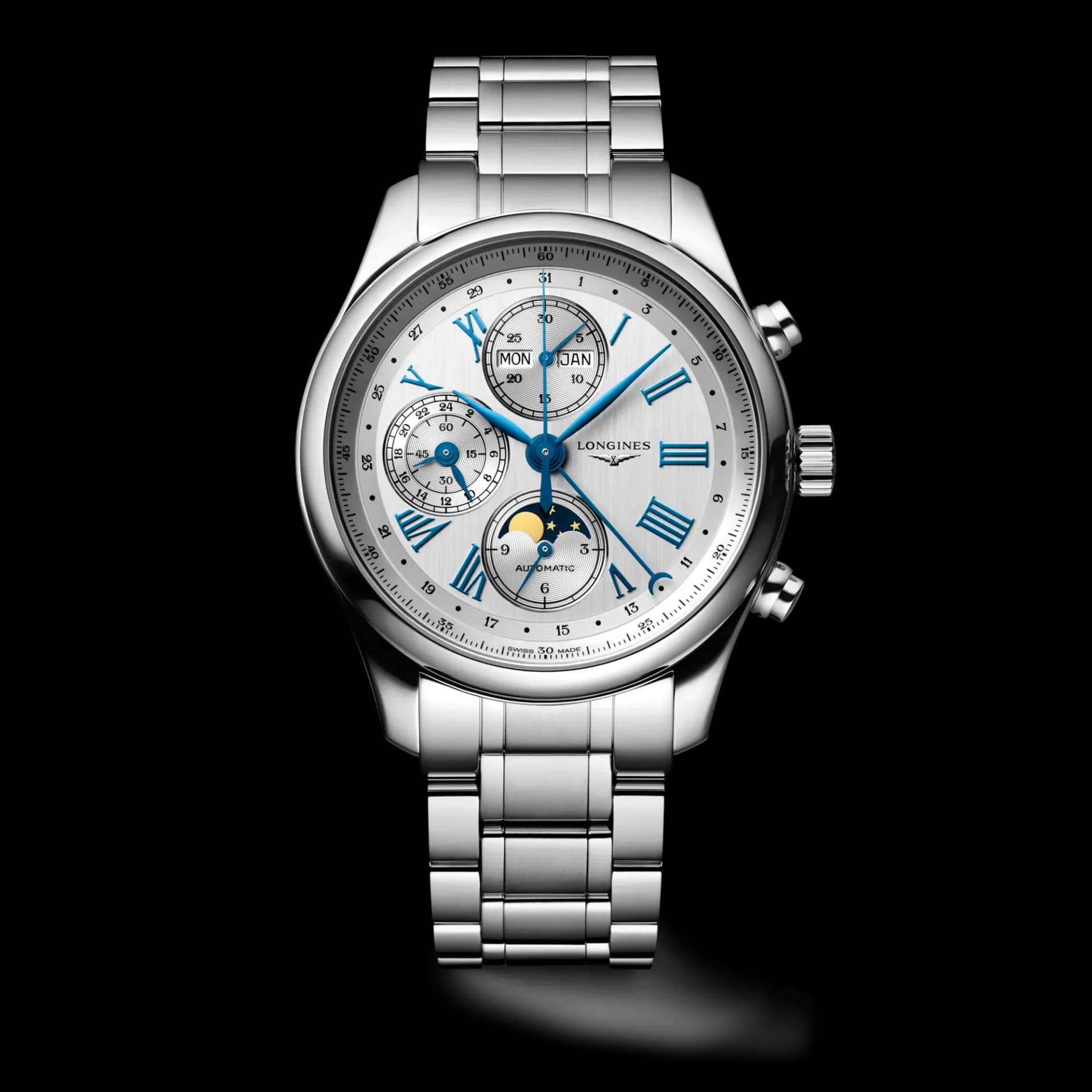 Longines Master Collection Chrono Moonphase 42 mm – Opalin Fildişi Kadran
