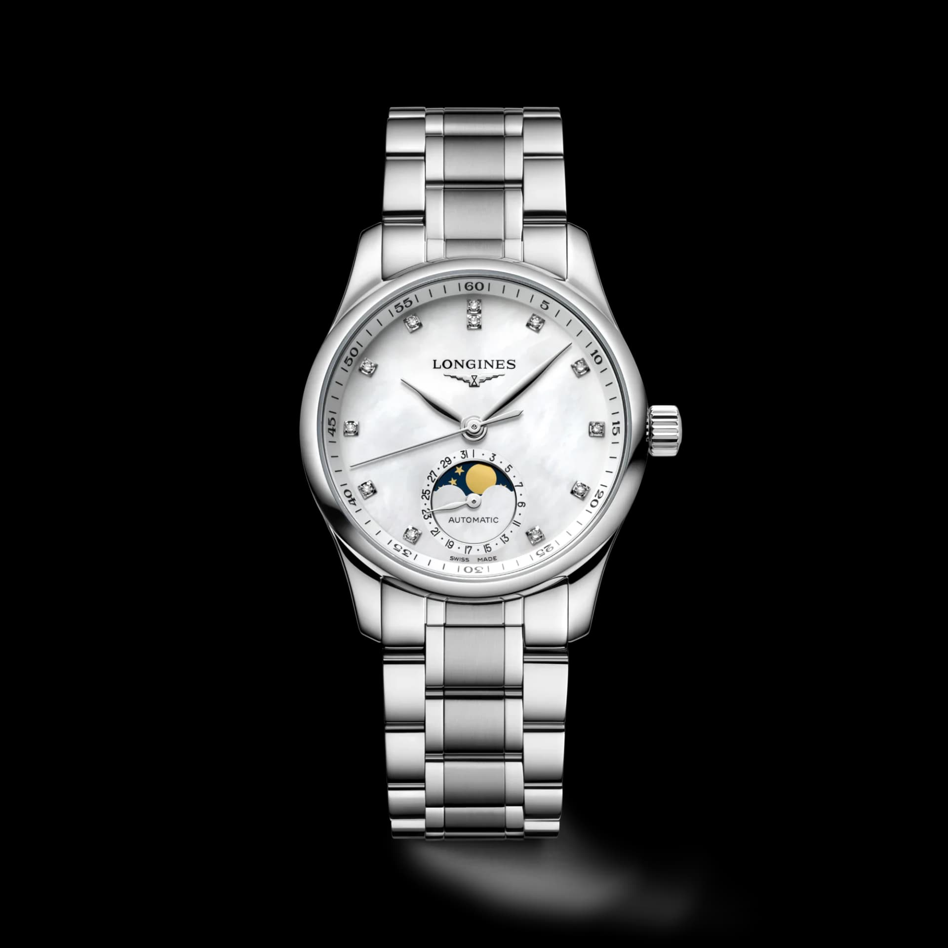 Longines Master Collection Moonphase 34 mm – Beyaz Sedef Kadran, Çelik Kasa