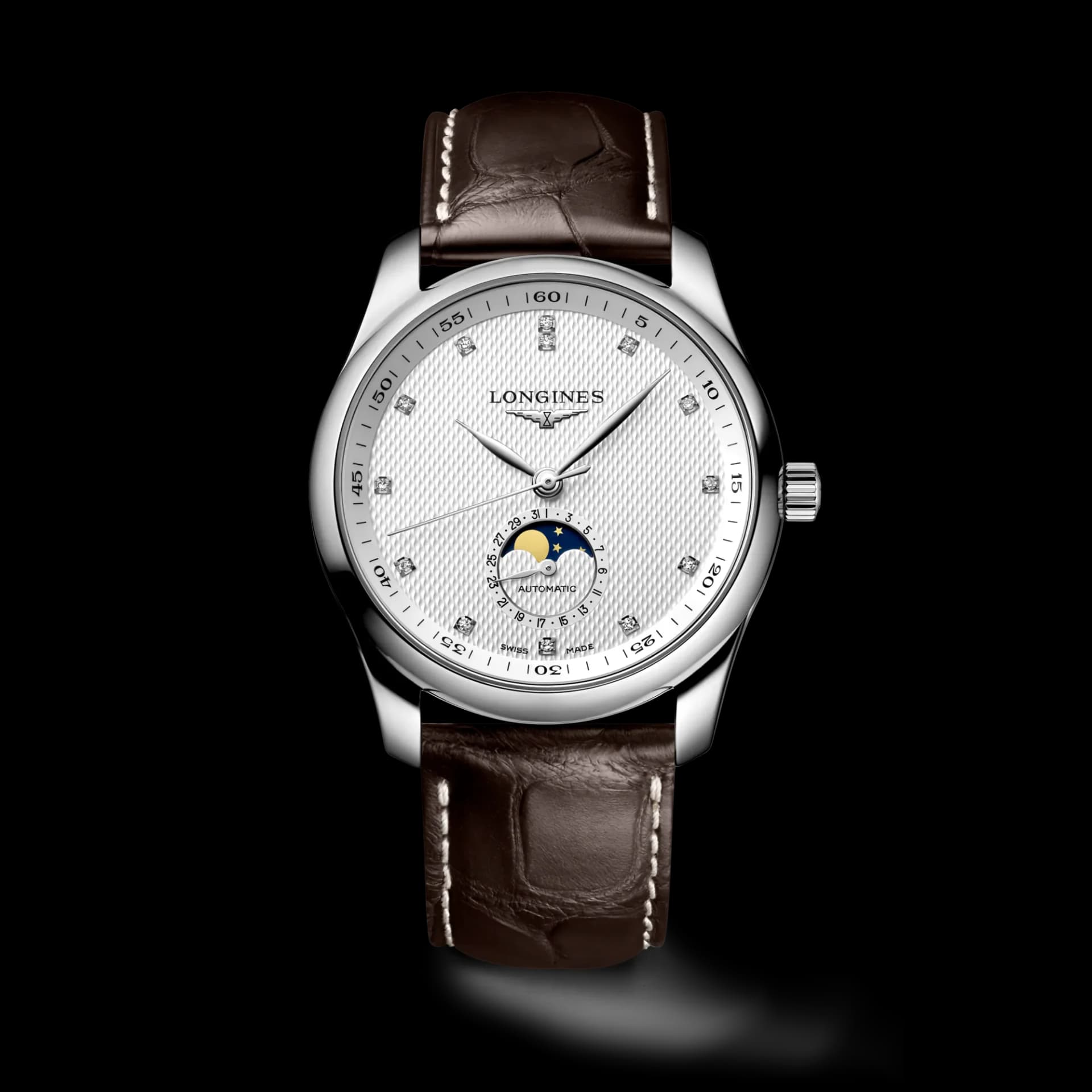 Longines Master Collection Moonphase 40 mm – Gümüş Barleycorn Kadran, Pırlanta İndeksler, Timsah Derisi Kayış