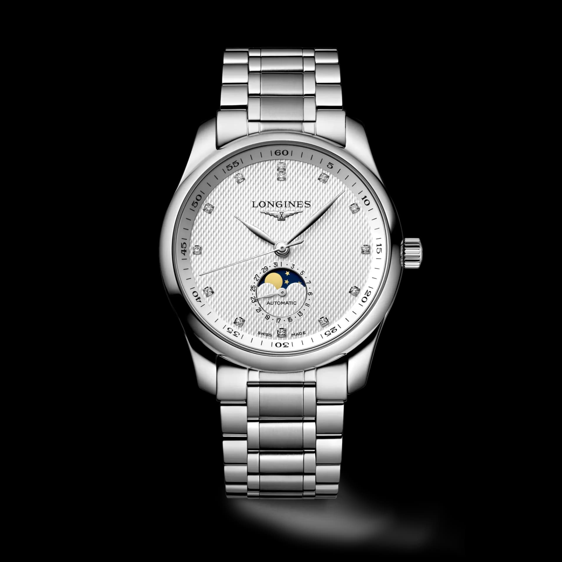 Longines Master Collection Moonphase 40 mm – Gümüş Barleycorn Kadran, Pırlanta İndeksler