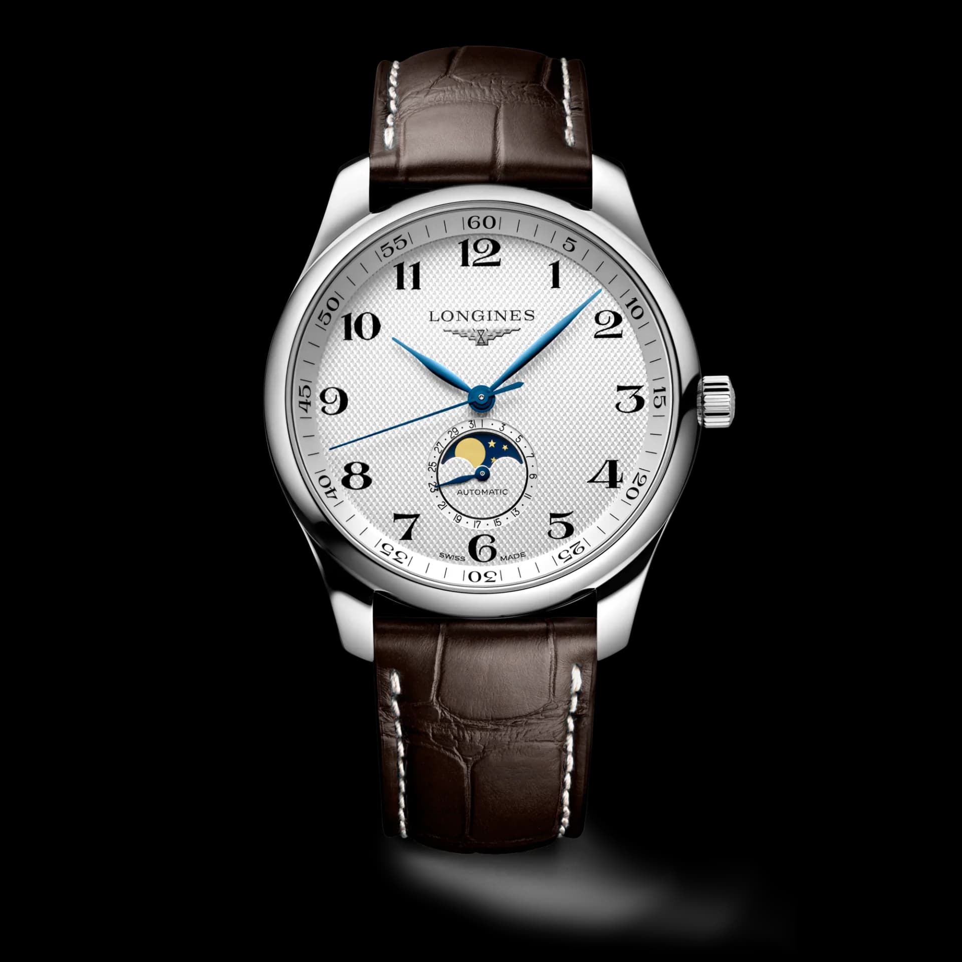 Longines Master Collection Moonphase 42 mm – Gümüş Barleycorn Kadran, Boyalı Arap Rakamları, Timsah Derisi Kayış