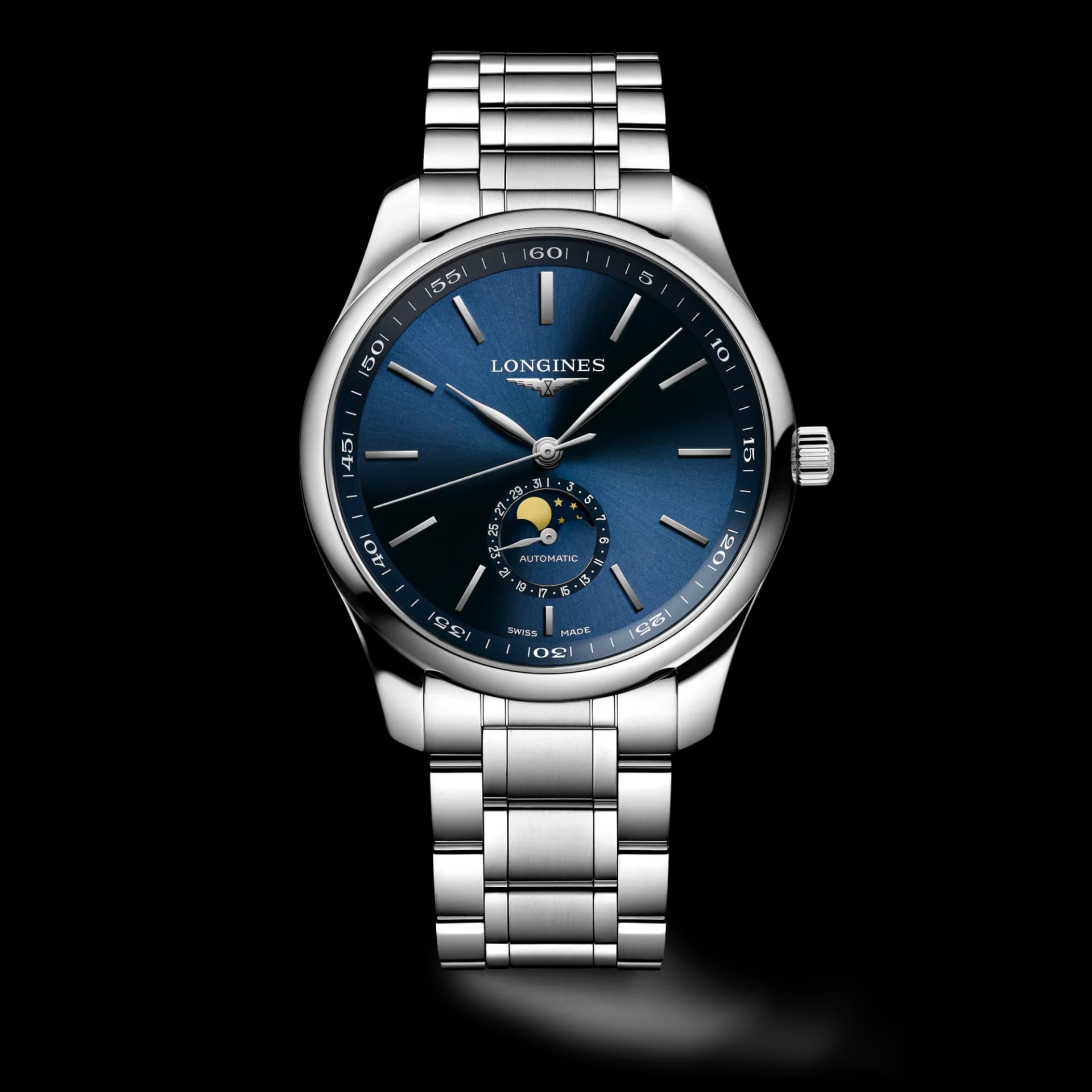 Longines Master Collection Moonphase 42 mm – Güneş Işını Mavi Kadran, Aplike İndeksler