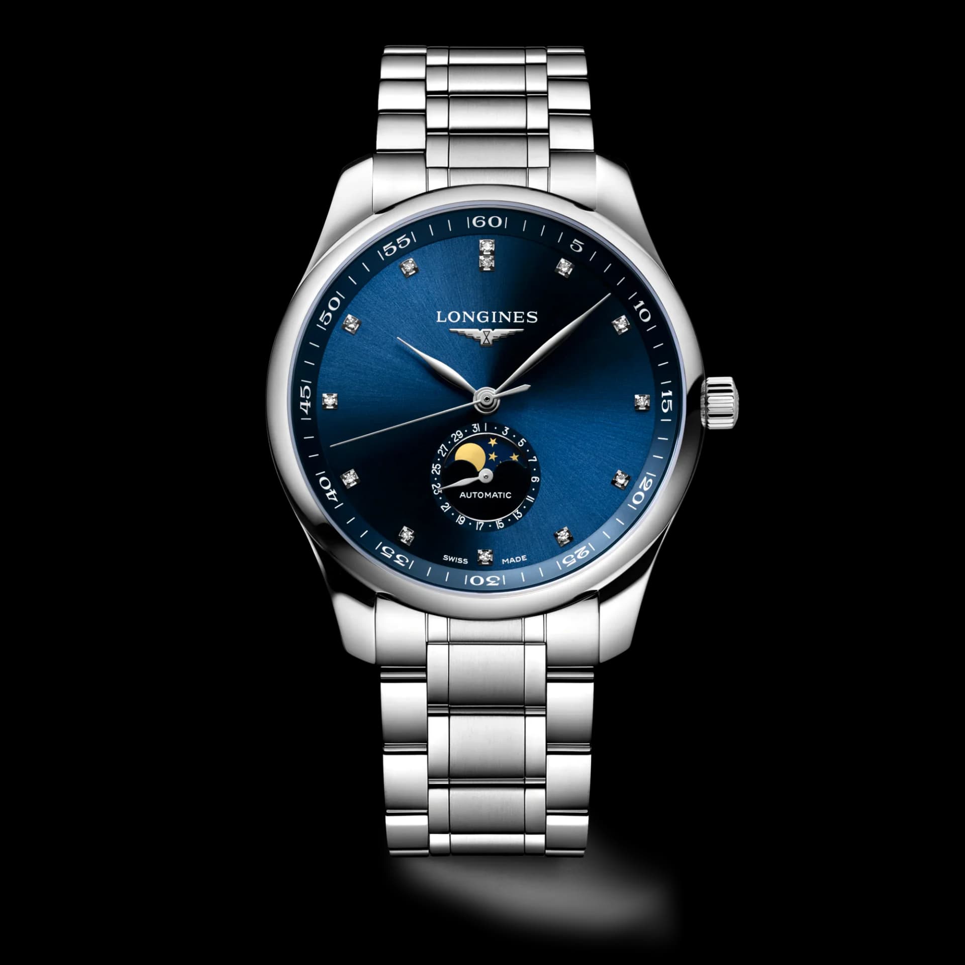 Longines Master Collection Moonphase 42 mm – Güneş Işını Mavi Kadran, Pırlanta İndeksler