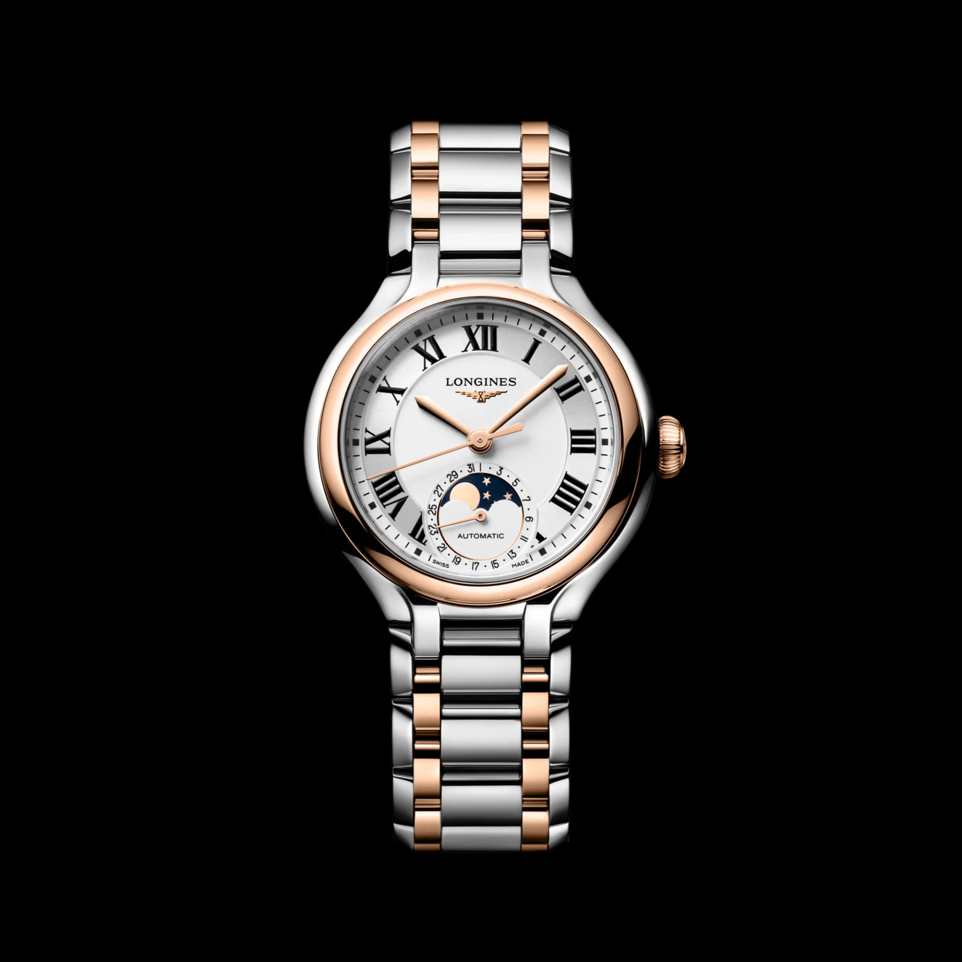 Longines PrimaLuna Moonphase 34 mm – Opalin Fildişi Kadran, Çelik ve Pembe Altın Kaplama, Otomatik