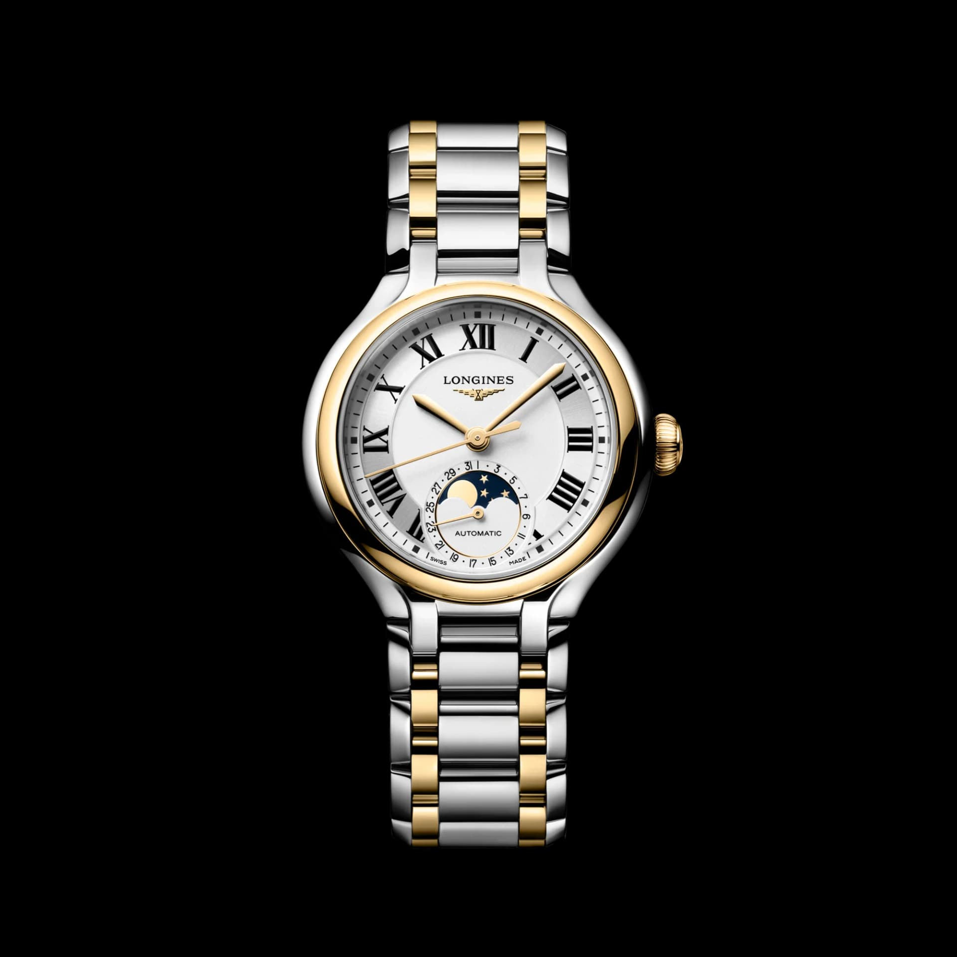 Longines PrimaLuna Moonphase 34 mm – Opalin Fildişi Kadran, Çelik ve Sarı Altın Kaplama, Otomatik