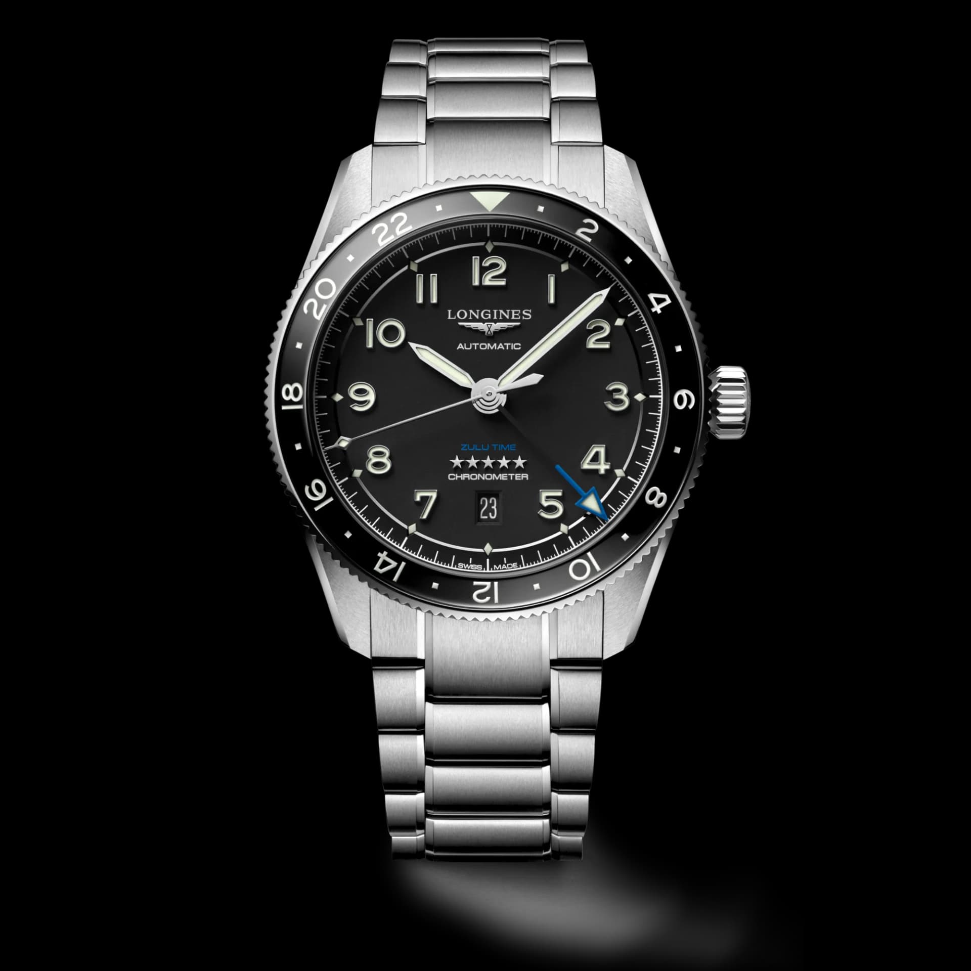 Longines Spirit Zulu Time 42 mm – Siyah Mat Kadran, Gümüş İbreler