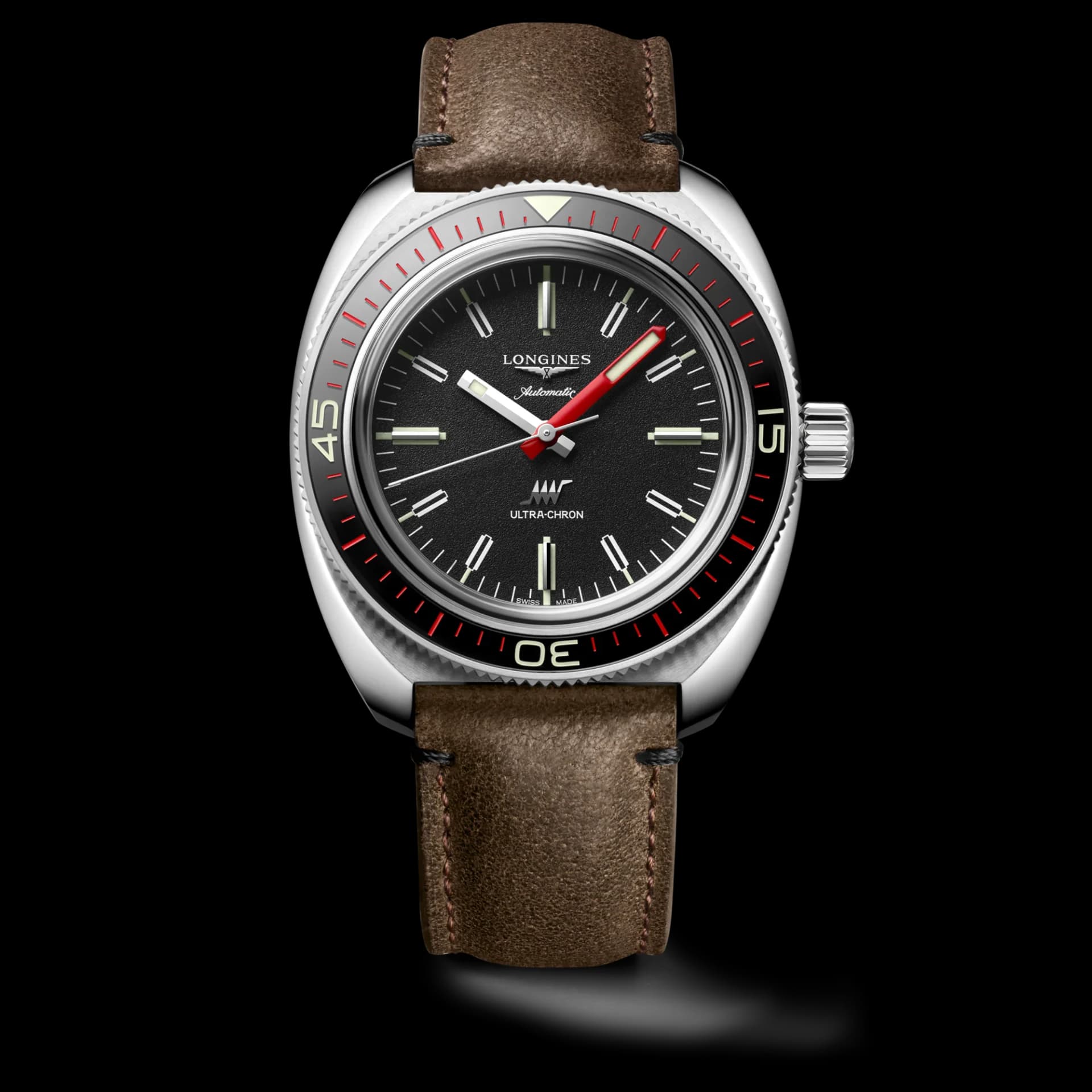 Longines Ultra-Chron 43 mm – Siyah Kadran, Deri Kayış