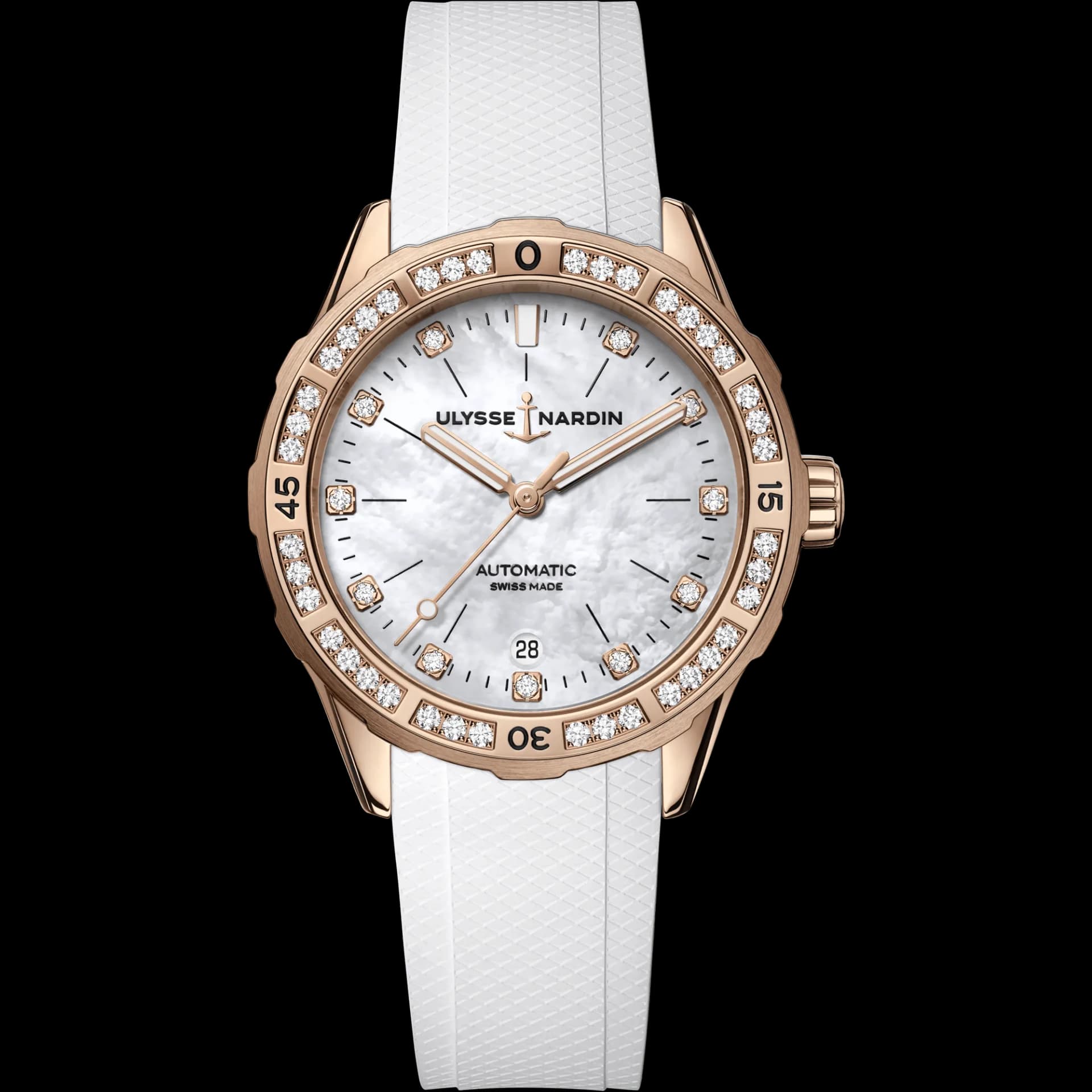 Ulysse Nardin Diver 39 mm – Beyaz Sedef Kadran, 18 Ayar Pembe Altın, Beyaz Kauçuk Kayış