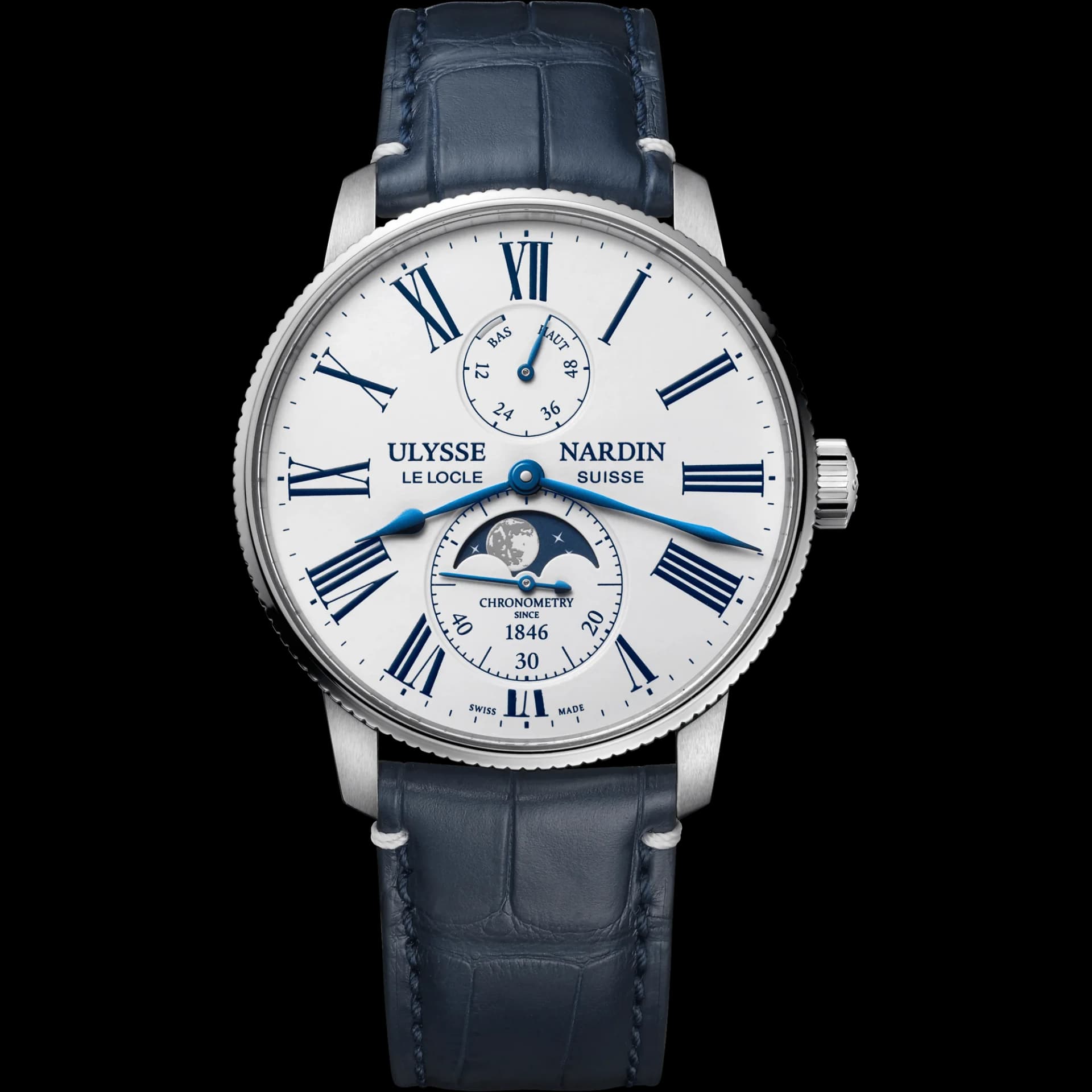 Ulysse Nardin Marine Torpilleur Moonphase 42 mm – Beyaz Kadran, Paslanmaz Çelik, Mavi Timsah Derisi Kayış