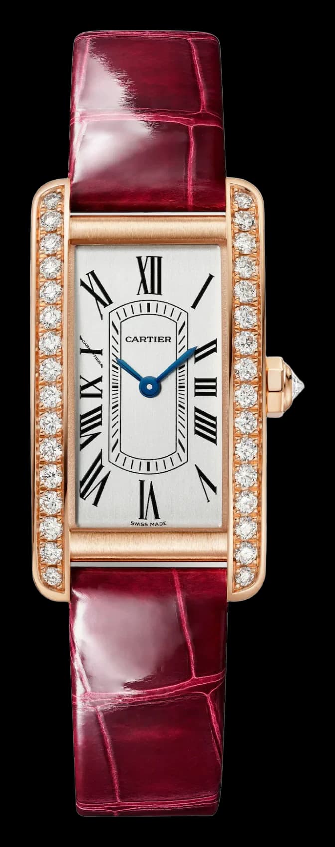 Cartier Tank Américaine Small Model – Pembe Altın, Pırlanta, Kırmızı Timsah Derisi Kayış