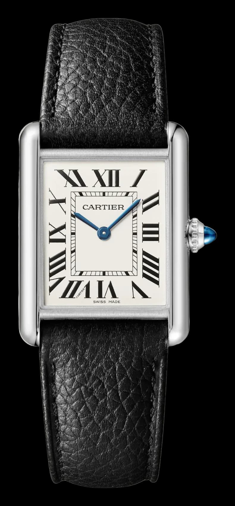 Cartier Tank Must de Cartier Large Model – Çelik, Gümüş Kadran, Siyah Deri Kayış, Uzun Pil Ömürlü