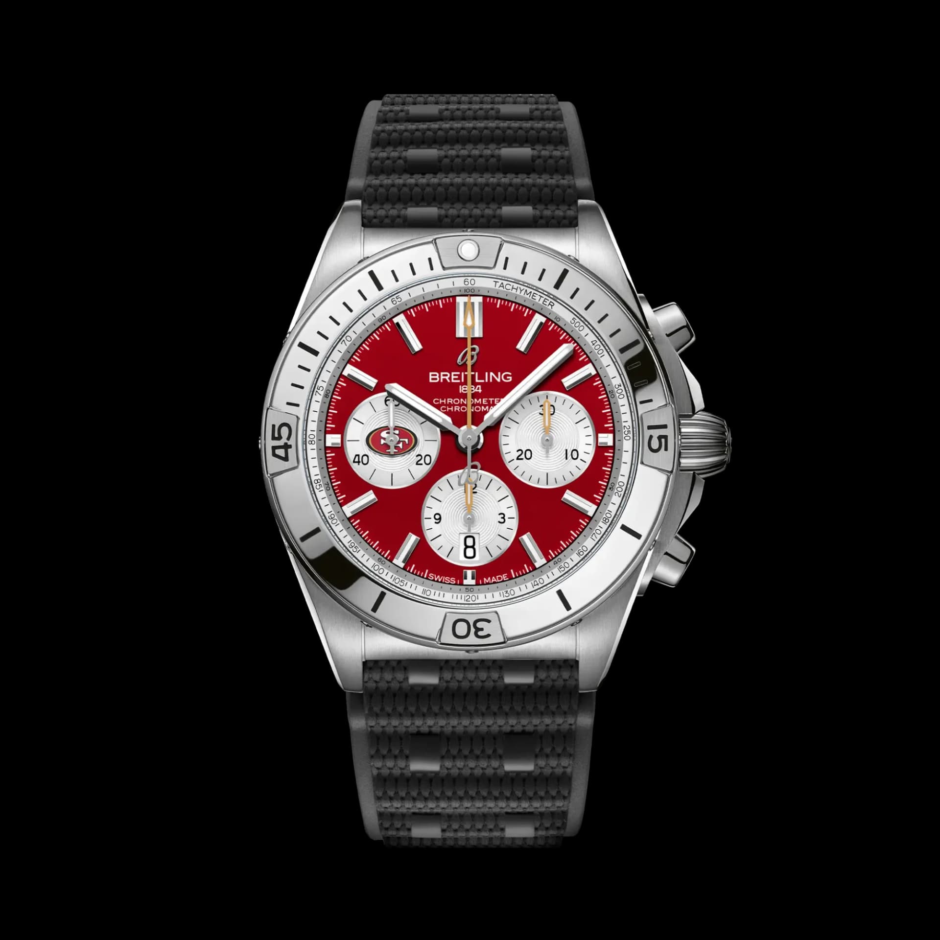 Breitling Chronomat B01 42 NFL San Francisco 49ers Edition – Siyah Kauçuk Kayış