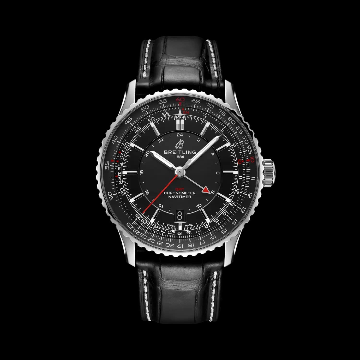 Breitling Navitimer Automatic GMT 41 – Çelik, Siyah Kadran, Siyah Timsah Derisi Kayış 1