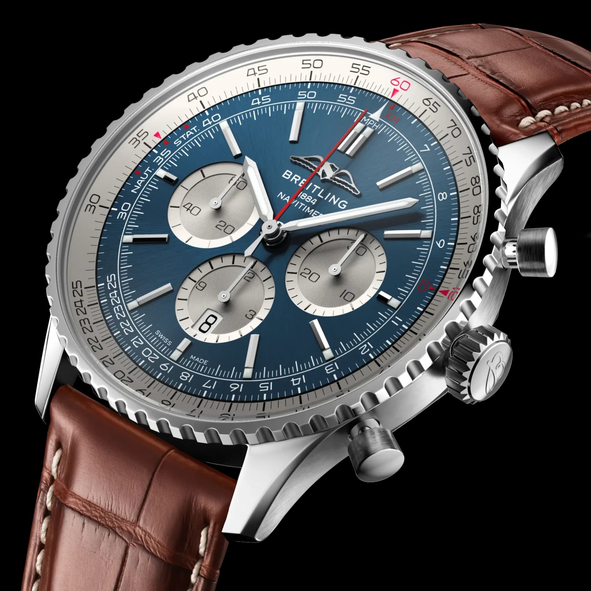 Breitling Navitimer B01 Chronograph 46 – Çelik, Mavi Kadran, Kahverengi Timsah Derisi Kayış 2
