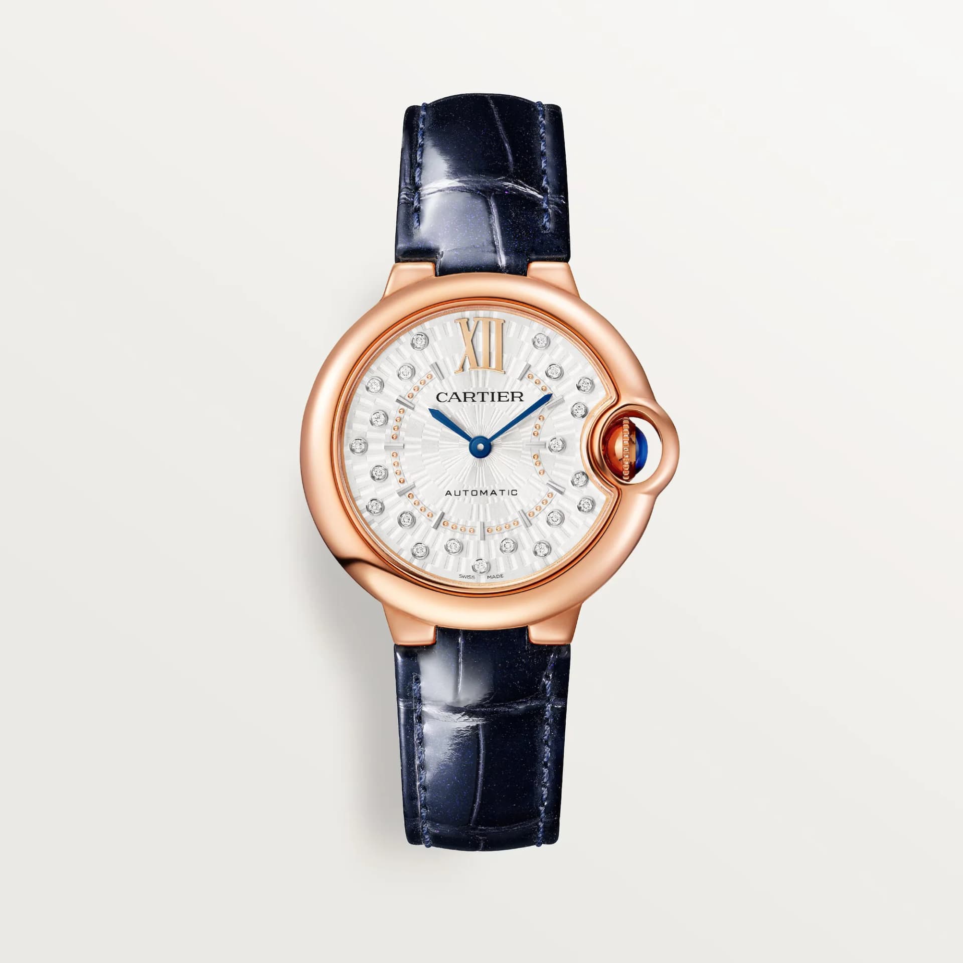 Cartier Ballon Bleu de Cartier 33 mm – Pembe Altın, Pırlanta, Pırlantalı Kadran, Mavi Timsah Derisi Kayış 1