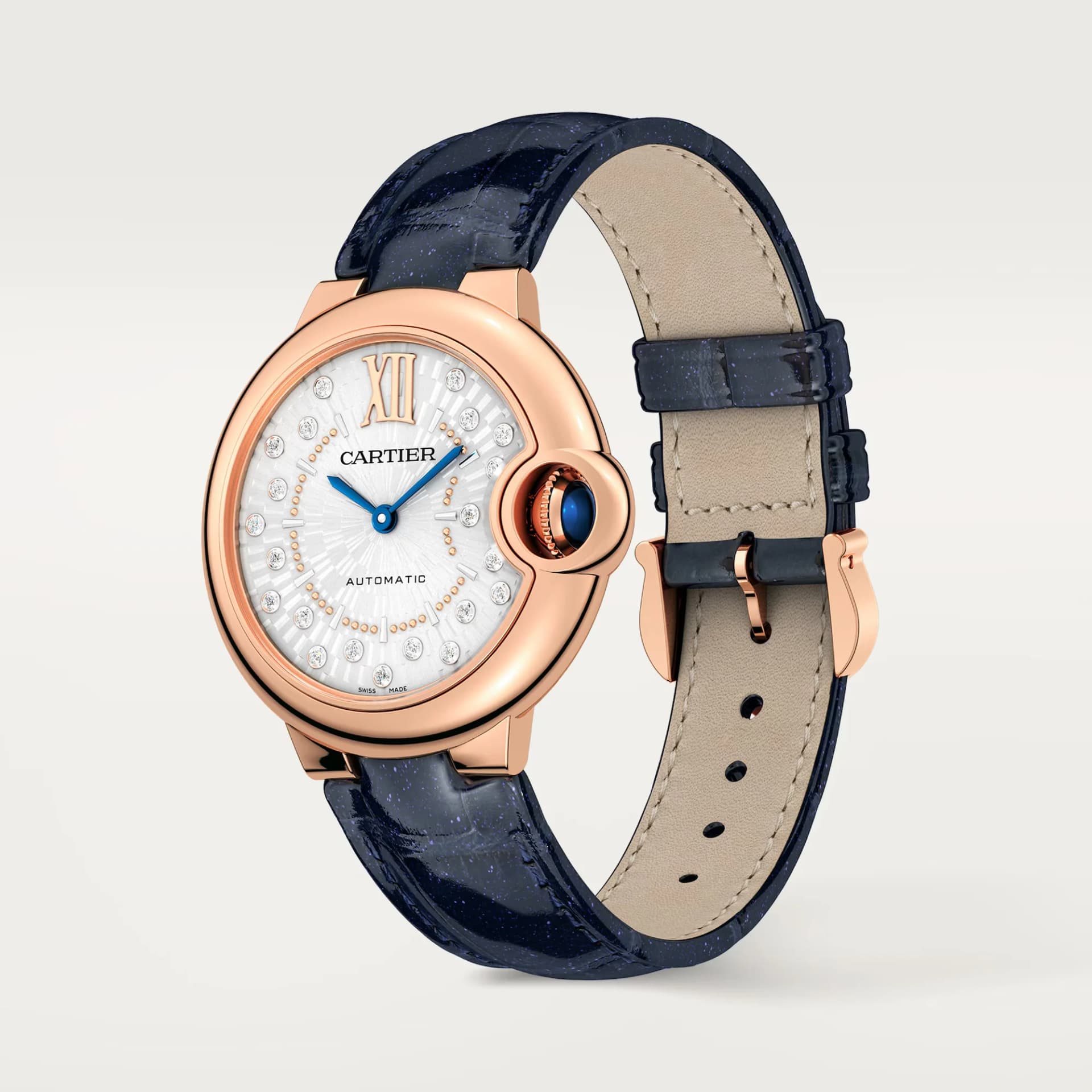 Cartier Ballon Bleu de Cartier 33 mm – Pembe Altın, Pırlanta, Pırlantalı Kadran, Mavi Timsah Derisi Kayış 2