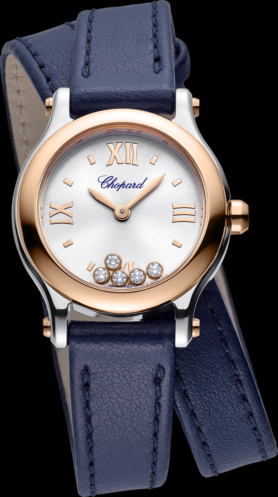 Chopard Happy Sport 25 mm – Çelik ve Pembe Altın, Gümüş Kadran, Mavi Dana Derisi Kayış 1