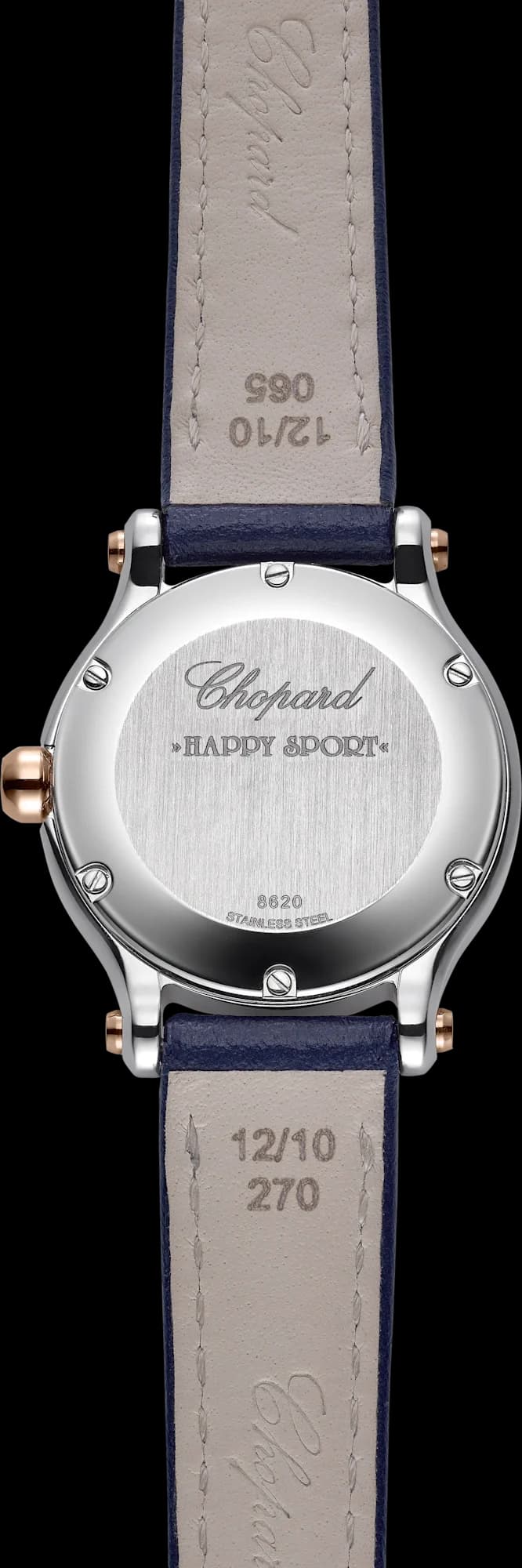 Chopard Happy Sport 25 mm – Çelik ve Pembe Altın, Gümüş Kadran, Mavi Dana Derisi Kayış 3