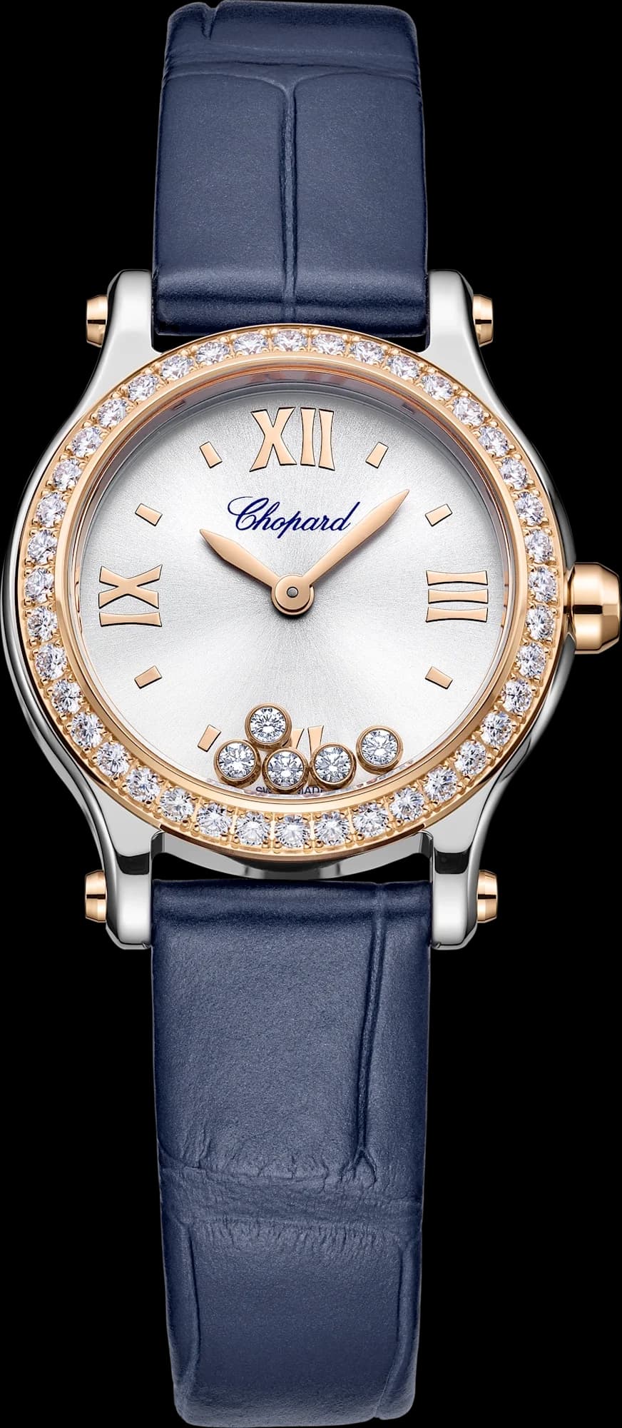Chopard Happy Sport 25 mm – Çelik ve Pembe Altın, Gümüş Kadran, Mavi Timsah Derisi Kayış 1