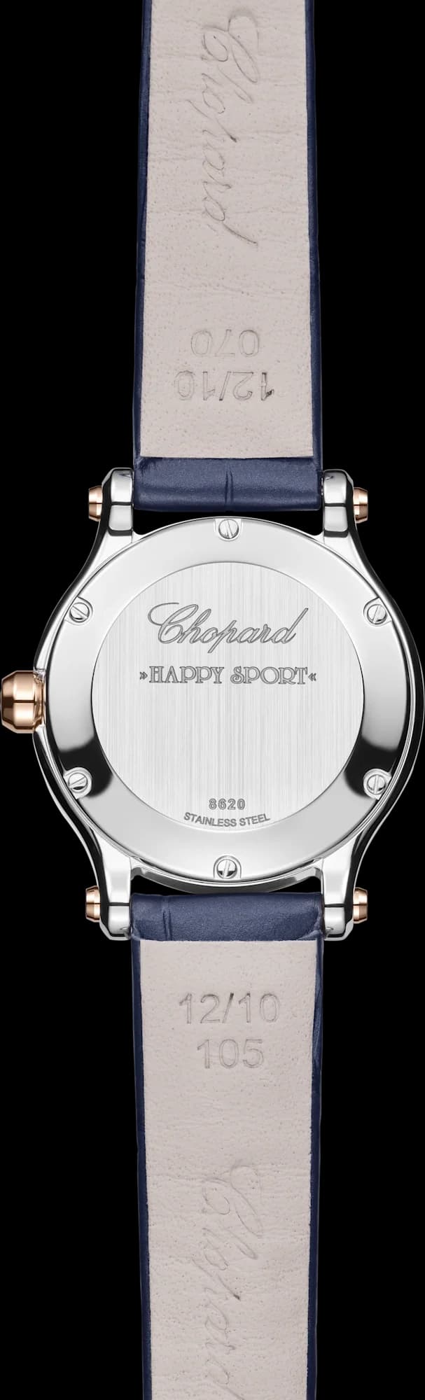 Chopard Happy Sport 25 mm – Çelik ve Pembe Altın, Gümüş Kadran, Mavi Timsah Derisi Kayış 2