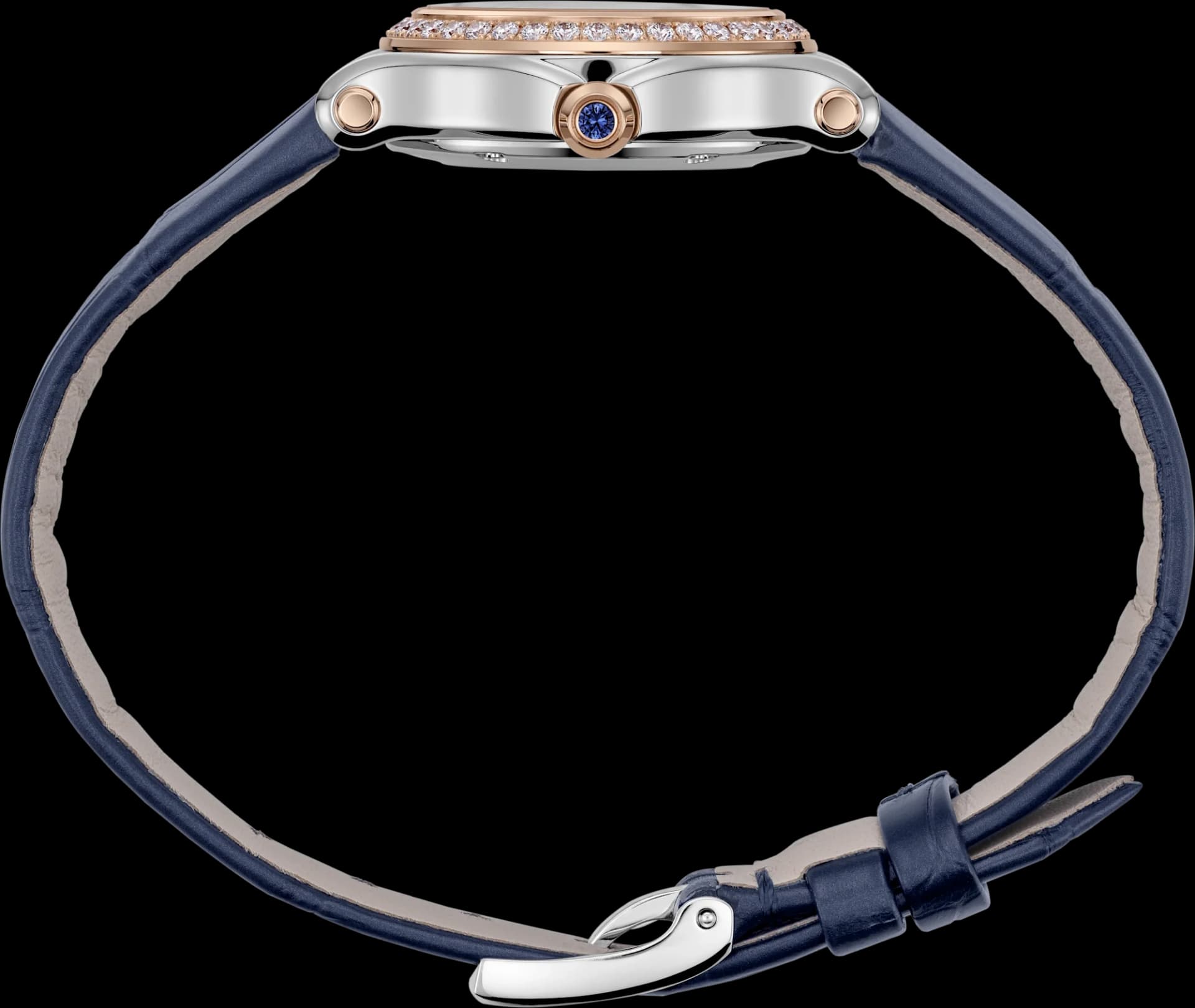 Chopard Happy Sport 25 mm – Çelik ve Pembe Altın, Gümüş Kadran, Mavi Timsah Derisi Kayış 3