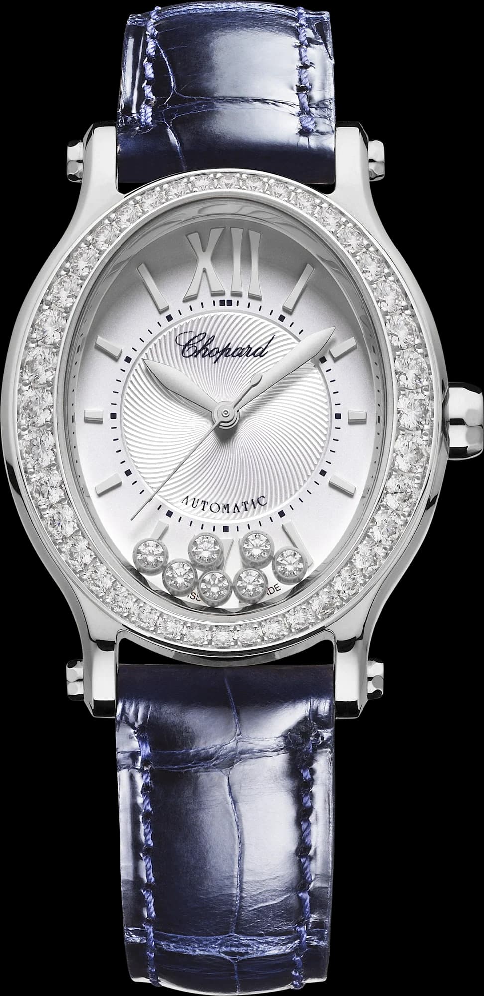 Chopard Happy Sport 29 x 31 mm – Çelik, Gümüş Kadran, Mavi Timsah Derisi Kayış, Pırlanta Çerçeve 1