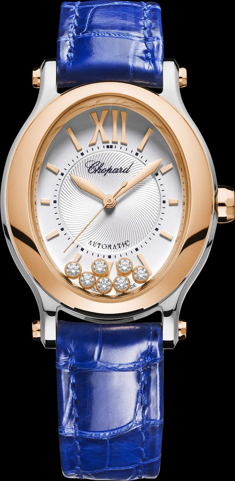 Chopard Happy Sport 29 x 31 mm – Çelik ve Pembe Altın, Gümüş Kadran, Mavi Timsah Derisi Kayış 1