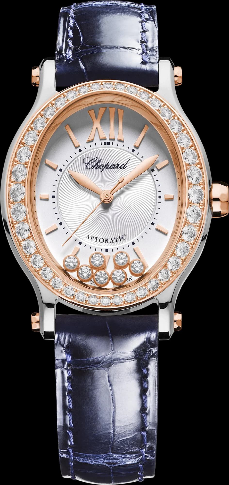 Chopard Happy Sport 29 x 31 mm – Çelik ve Pembe Altın, Gümüş Kadran, Mavi Timsah Derisi Kayış, Pırlanta Çerçeve 1